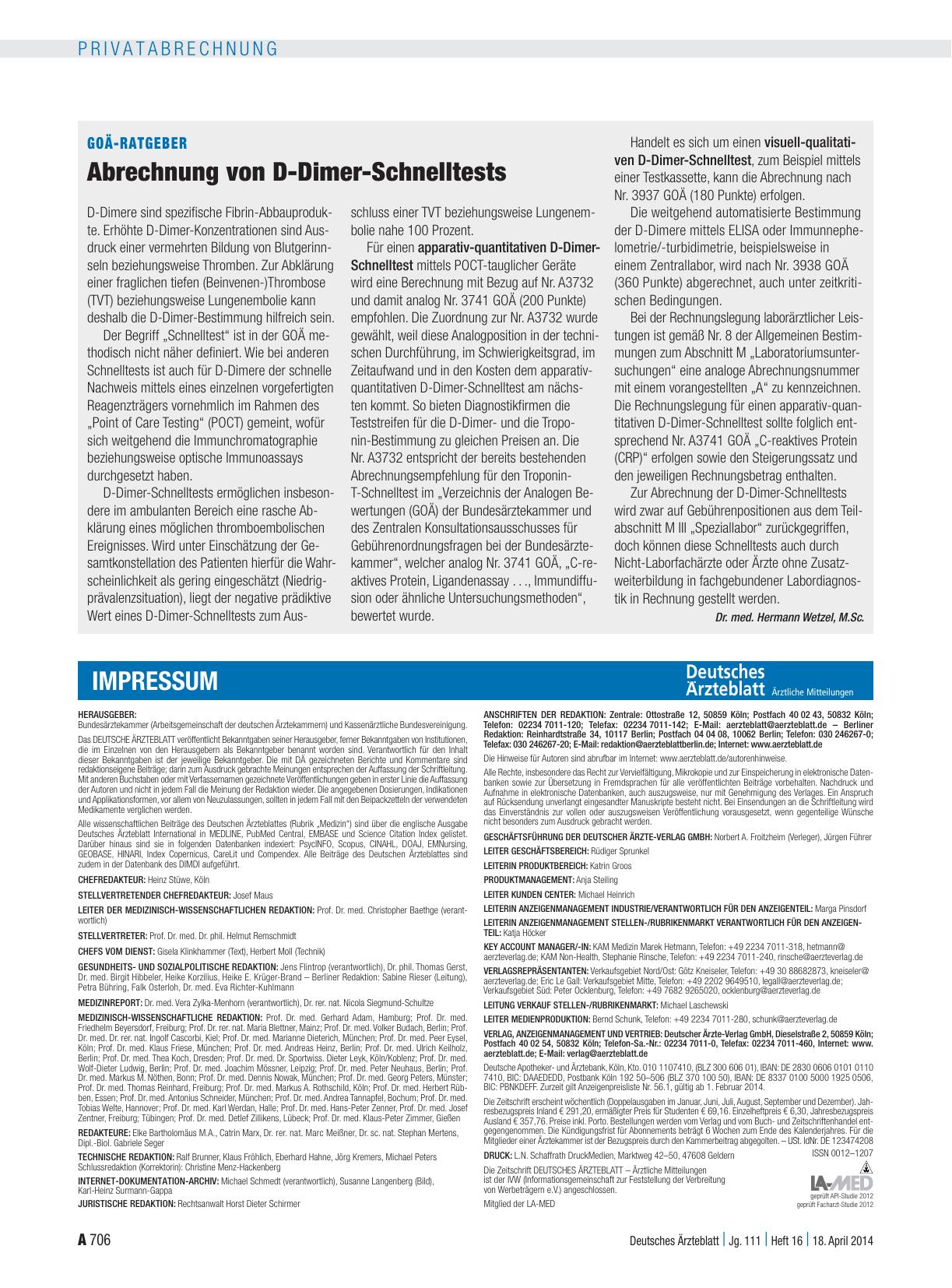 Vorschauseite 1: GOÄ-Ratgeber: Abrechnung von D-Dimer-Schnelltests