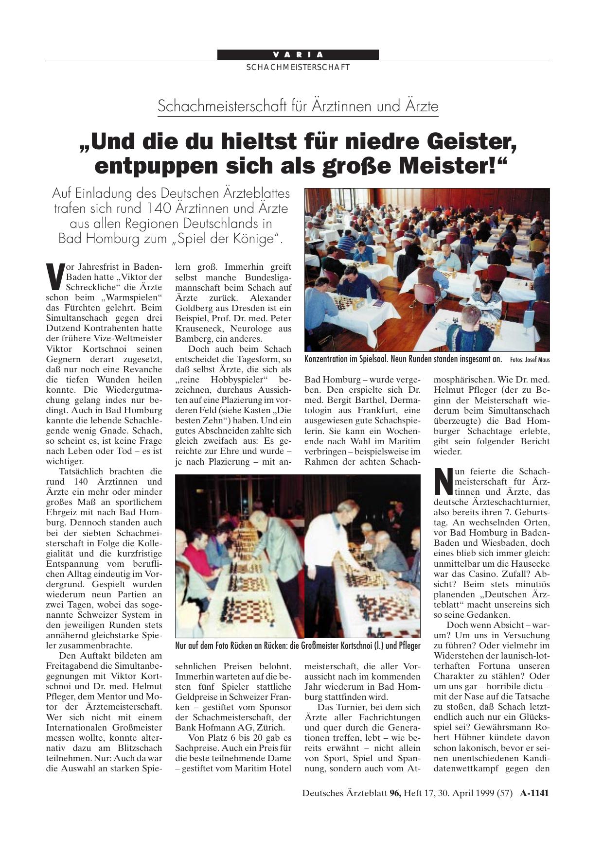 Vorschauseite 1: Schachmeisterschaft für Ärztinnen und Ärzte: „Und die du hieltst für niedre Geister, entpuppen sich als große Meister! “