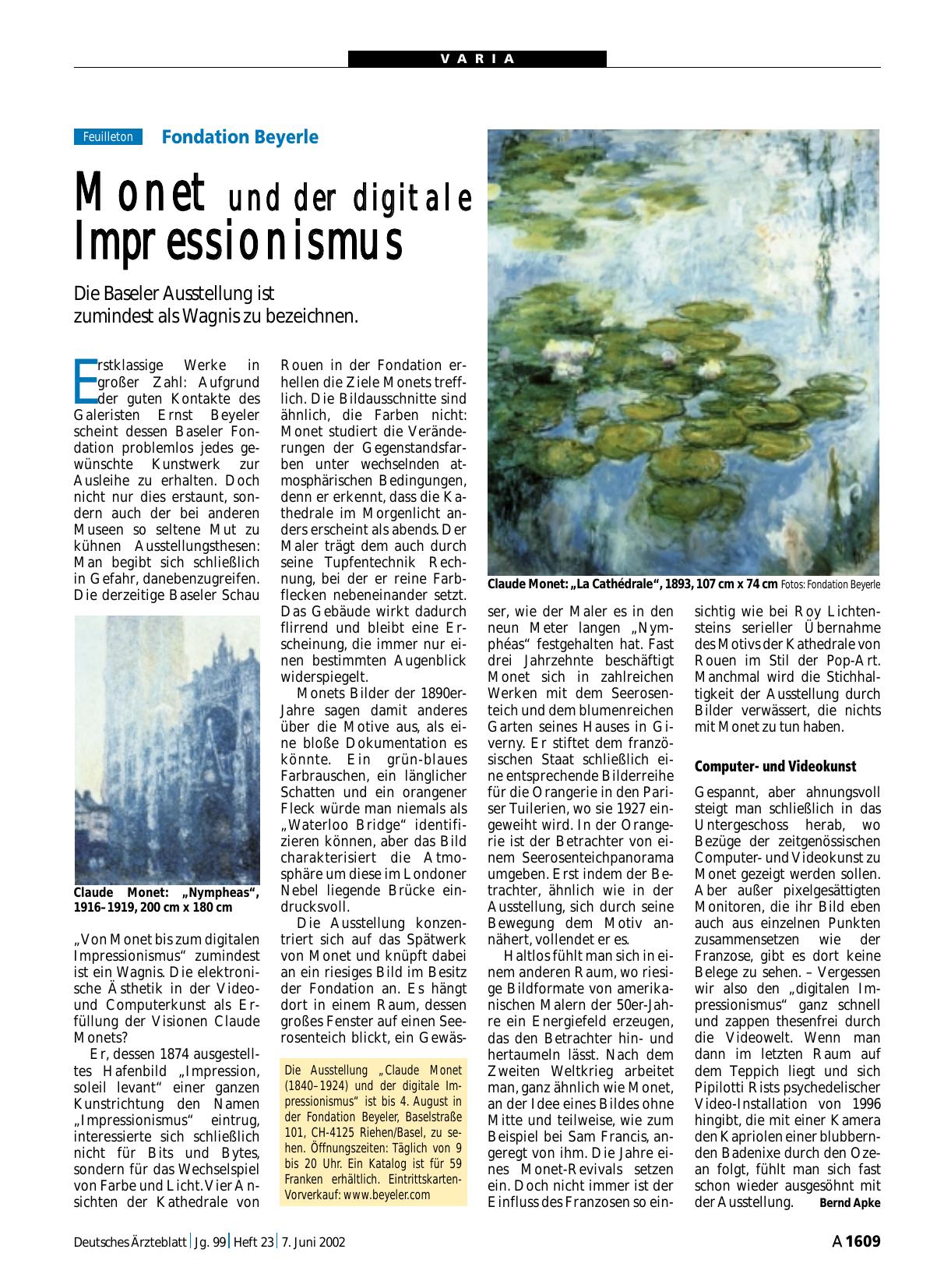 Vorschauseite 1: Fondation Beyerle: Monet und der digitale Impressionismus