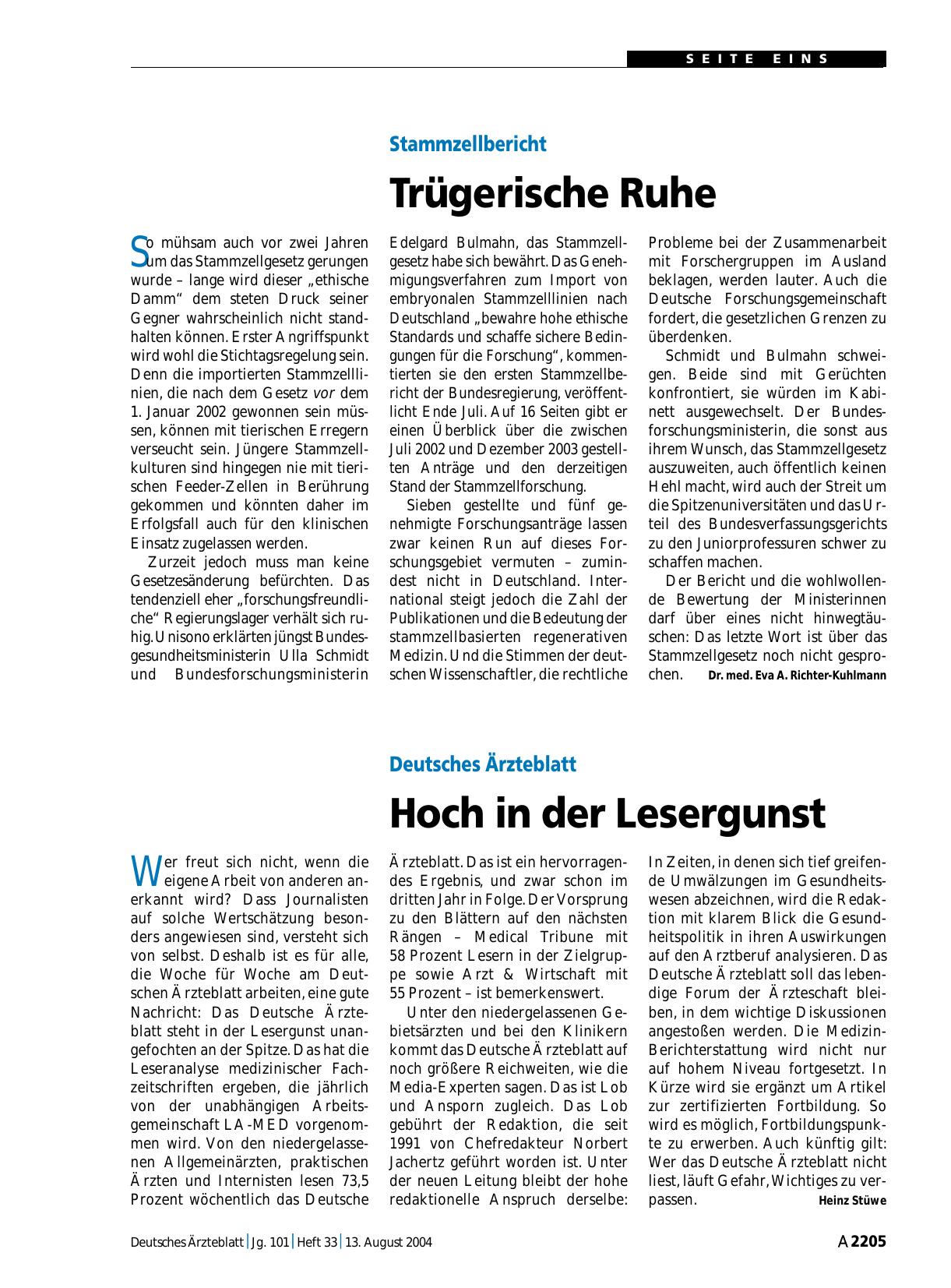 Vorschauseite 1: Stammzellbericht: Trügerische Ruhe