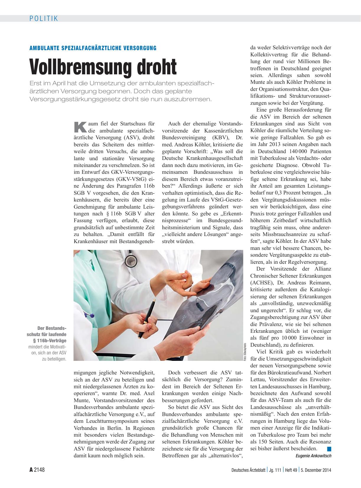 Vorschauseite 1: Ambulante spezialfachärztliche Versorgung: Vollbremsung droht