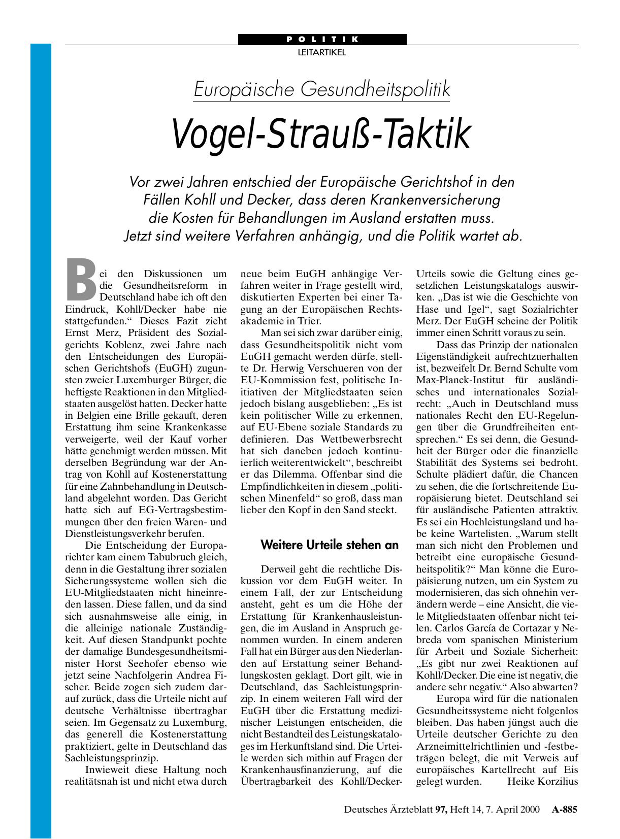 Vorschauseite 1: Europäische Gesundheitspolitik: Vogel-Strauß-Taktik