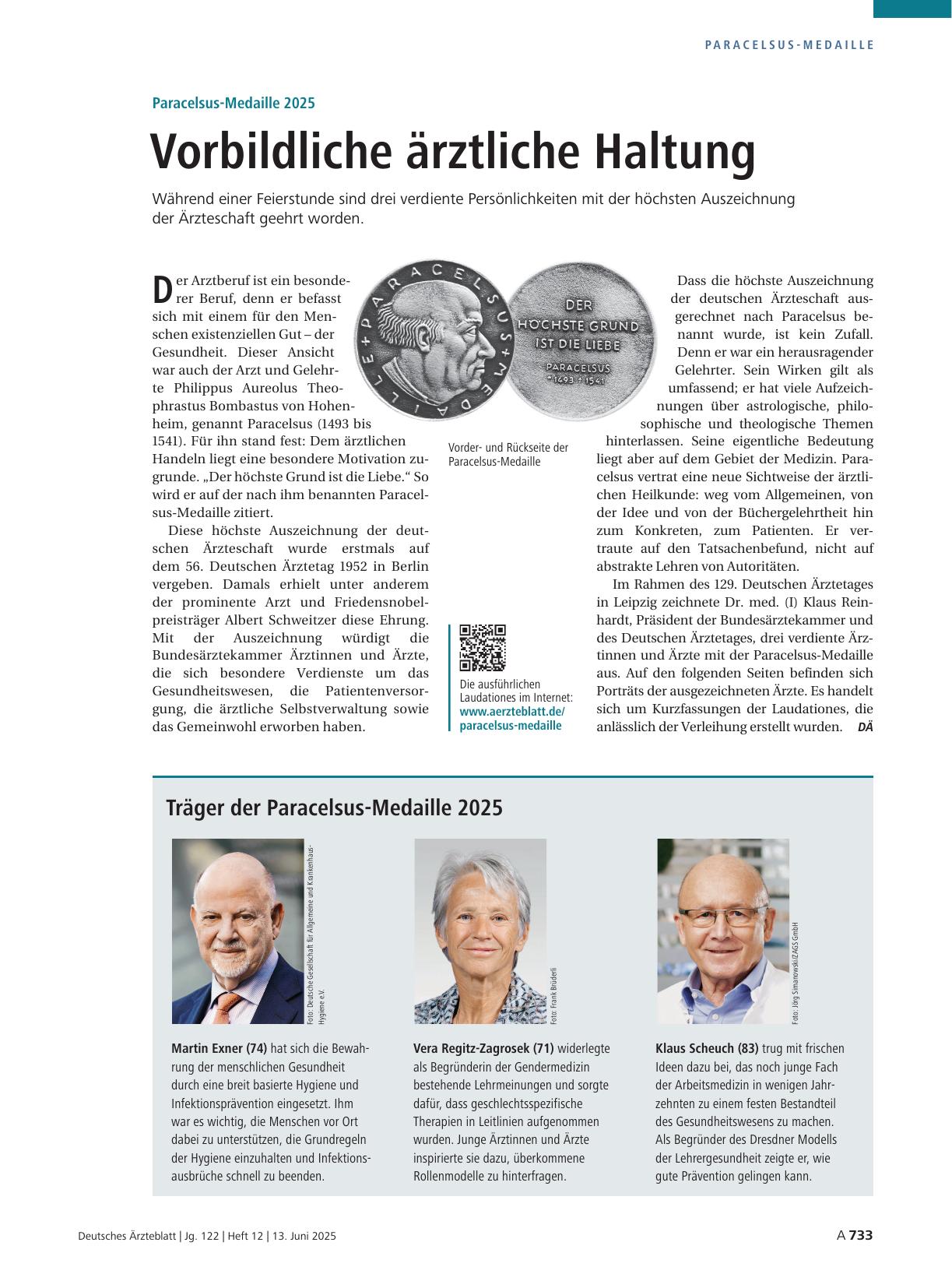 Vorschauseite 1: Paracelsus-Medaille 2025: Vorbildliche ärztliche Haltung