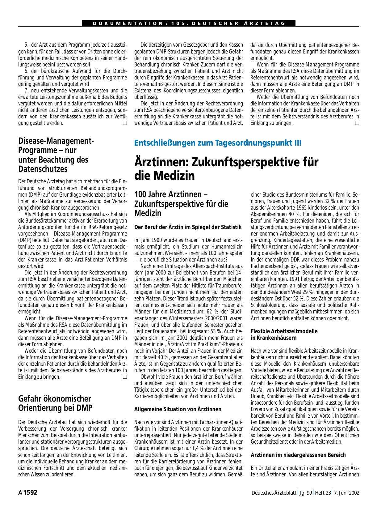 Vorschauseite 1: Entschließungen zum Tagesordnungspunkt III: Ärztinnen - Zukunftsperspektive für die Medizin