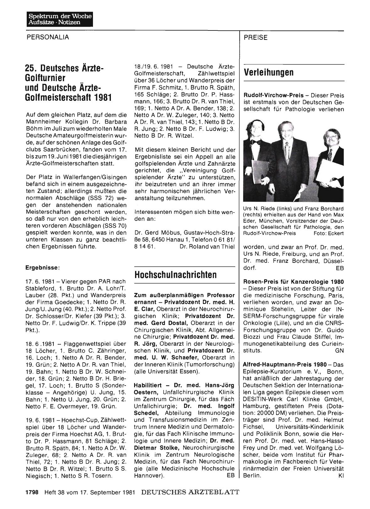 Vorschauseite 1: 25. Deutsches Ärzte-Golfturnier und Deutsche Ärzte-Golfmeisterschaft 1981