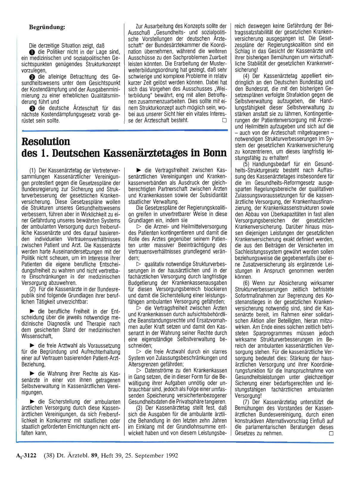 Vorschauseite 1: Resolution des 1. Deutschen Kassenärztetages in Bonn