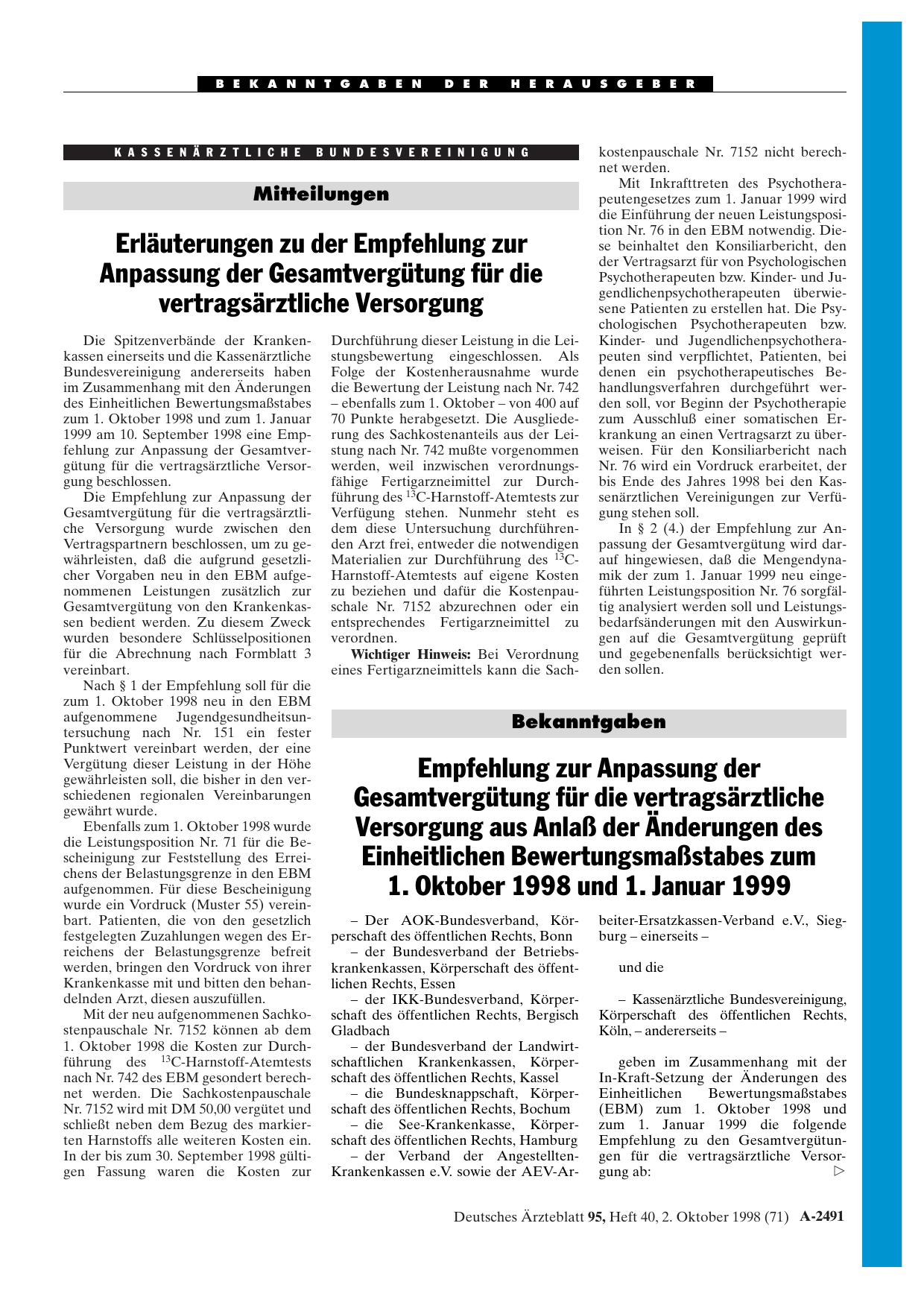Vorschauseite 1: Empfehlung zur Anpassung der Gesamtvergütung für die vertragsärztliche Versorgung aus Anlaß der Änderungen des Einheitlichen Bewertungsmaßstabes zum 1. Oktober 1998 und 1. Januar…