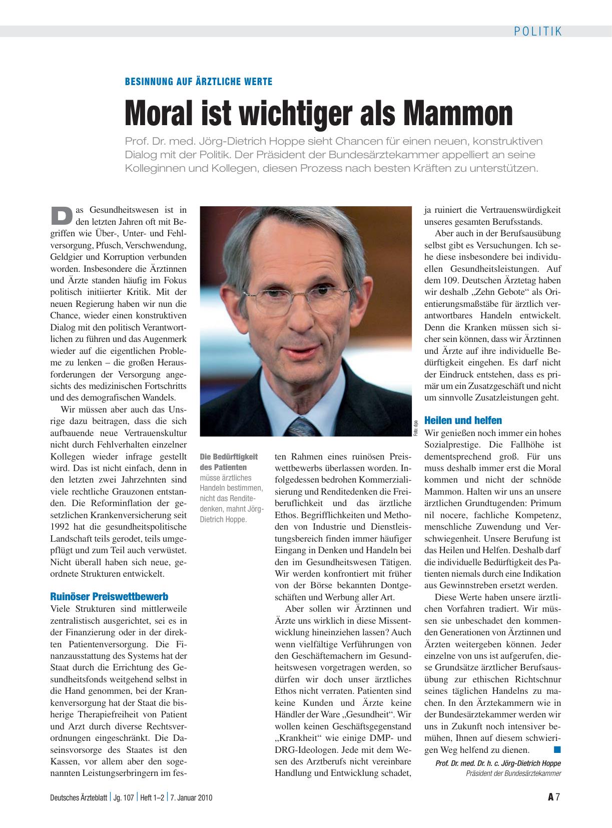 Vorschauseite 1: Besinnung auf ärztliche Werte: Moral ist wichtiger als Mammon