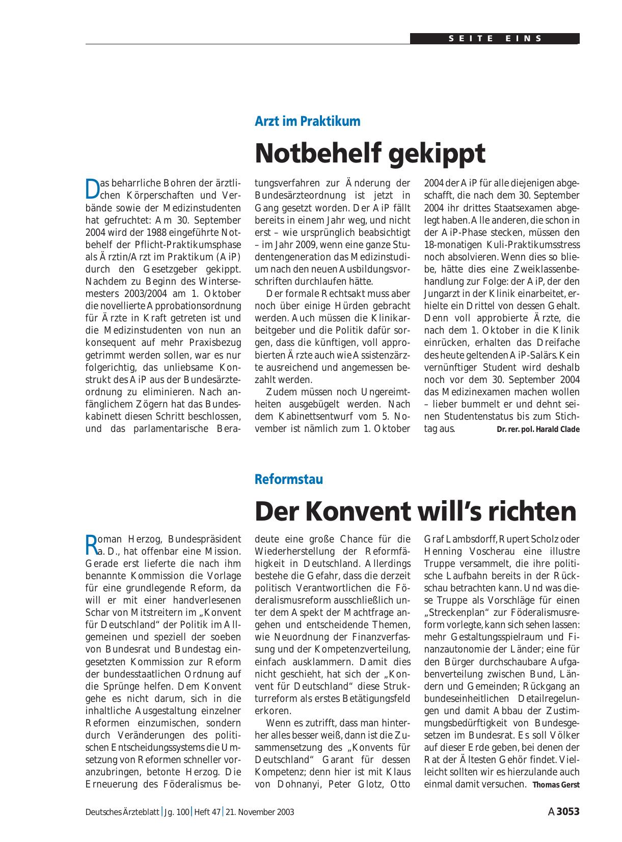 Vorschauseite 1: Reformstau: Der Konvent will’s richten