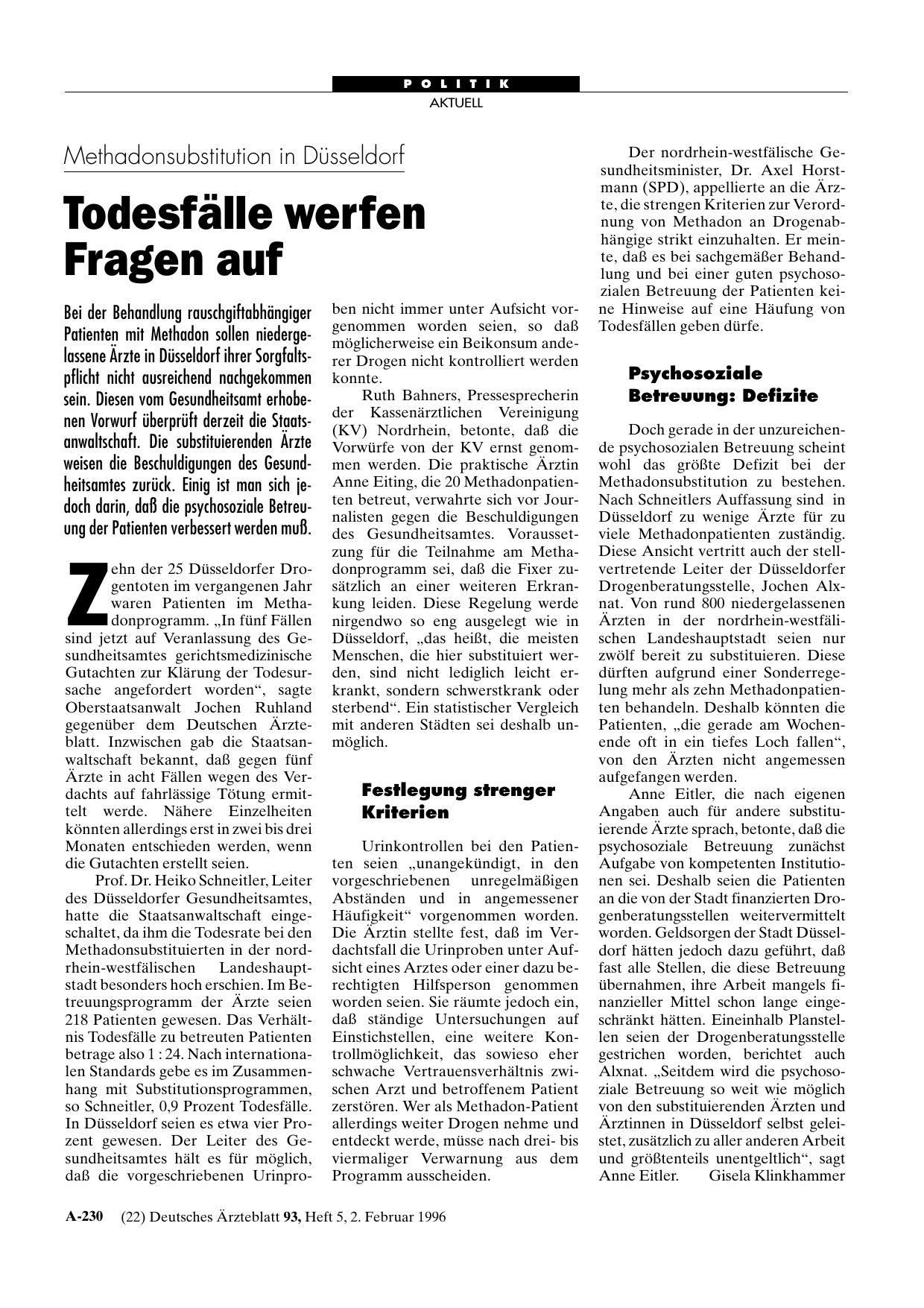 Vorschauseite 1: Methadonsubstitution in Düsseldorf: Todesfälle werfen Fragen auf