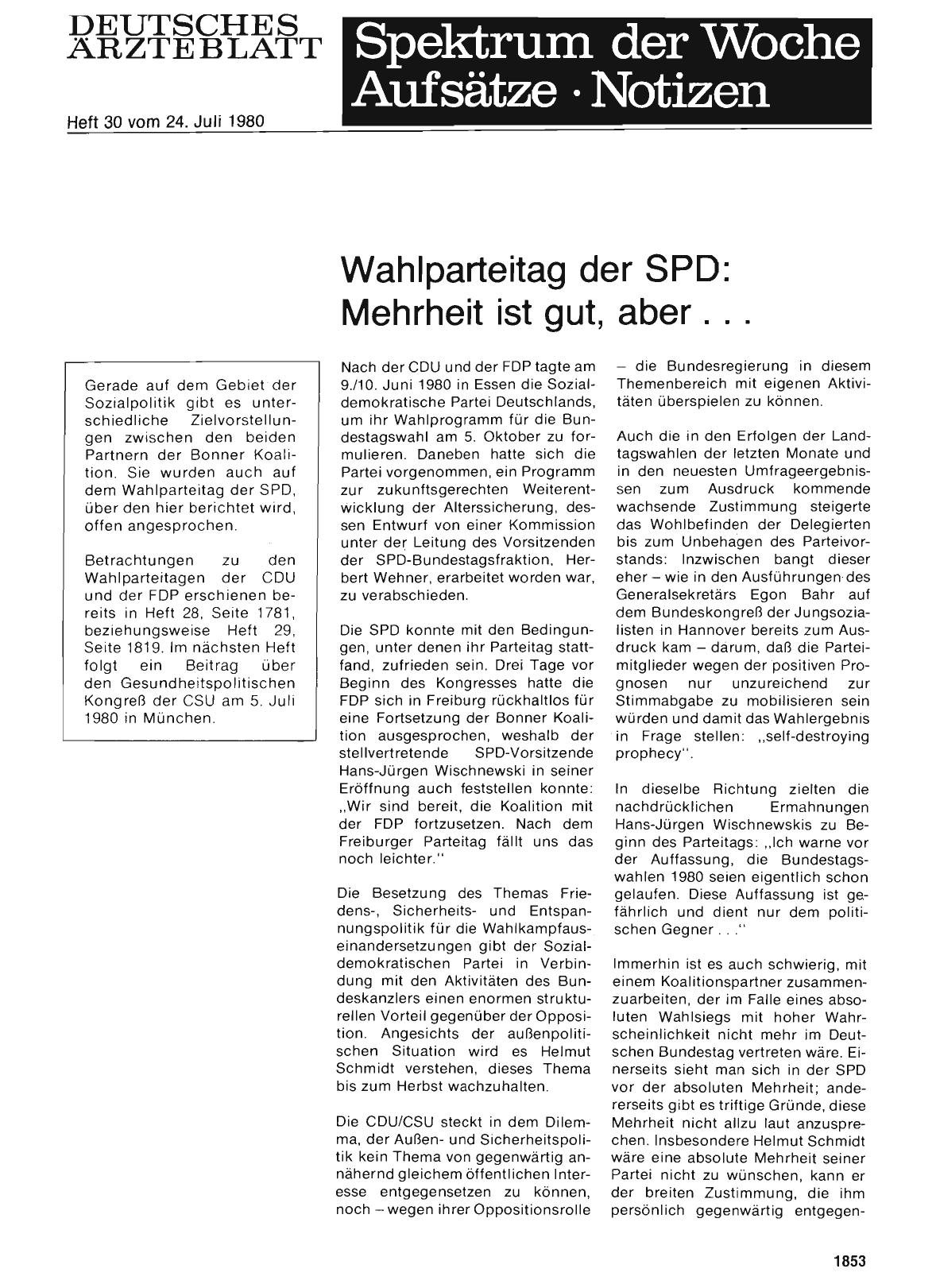 Vorschauseite 1: Wahlparteitag der SPD: Mehrheit ist gut, aber. ..