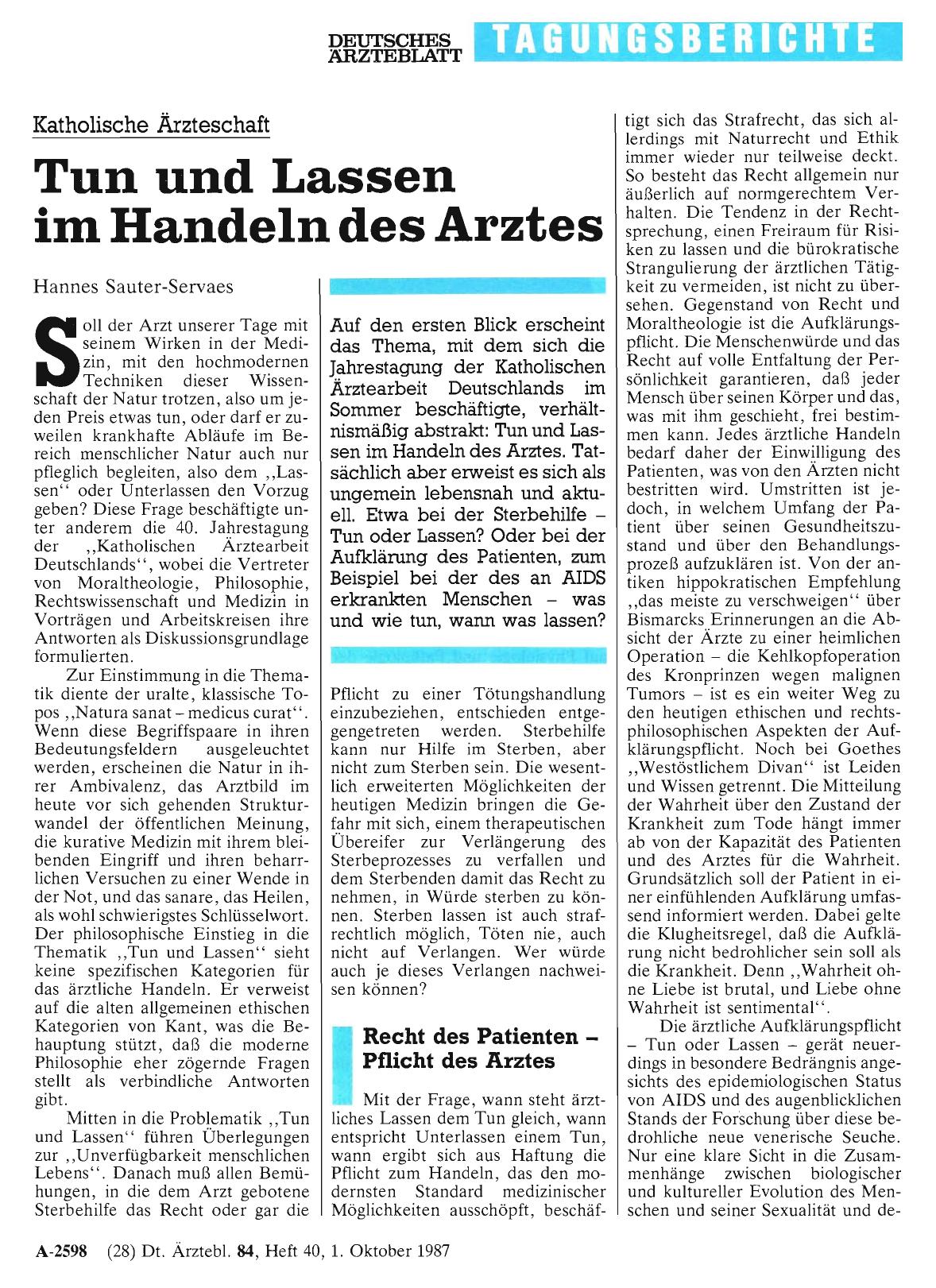 Vorschauseite 1: Katholische Ärzteschaft: Tun und Lassen im Handeln des Arztes