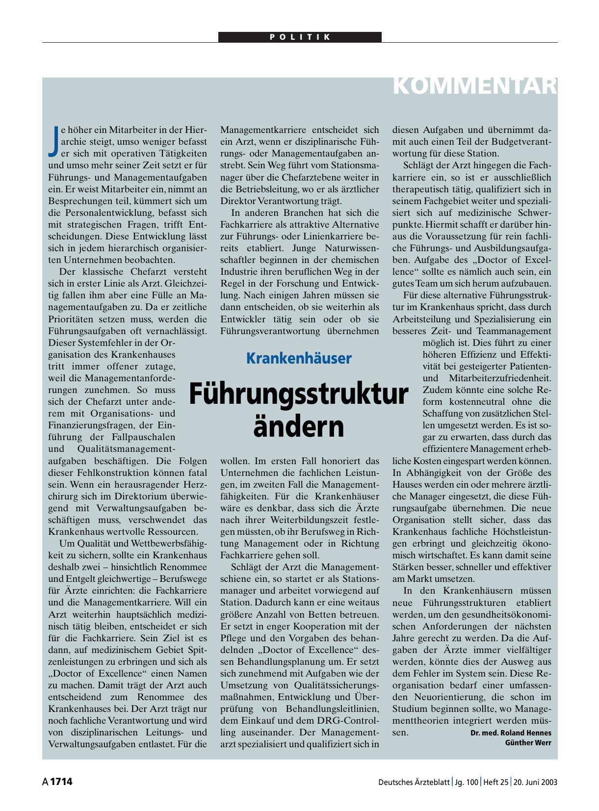 Vorschauseite 1: Krankenhäuser: Führungsstruktur ändern