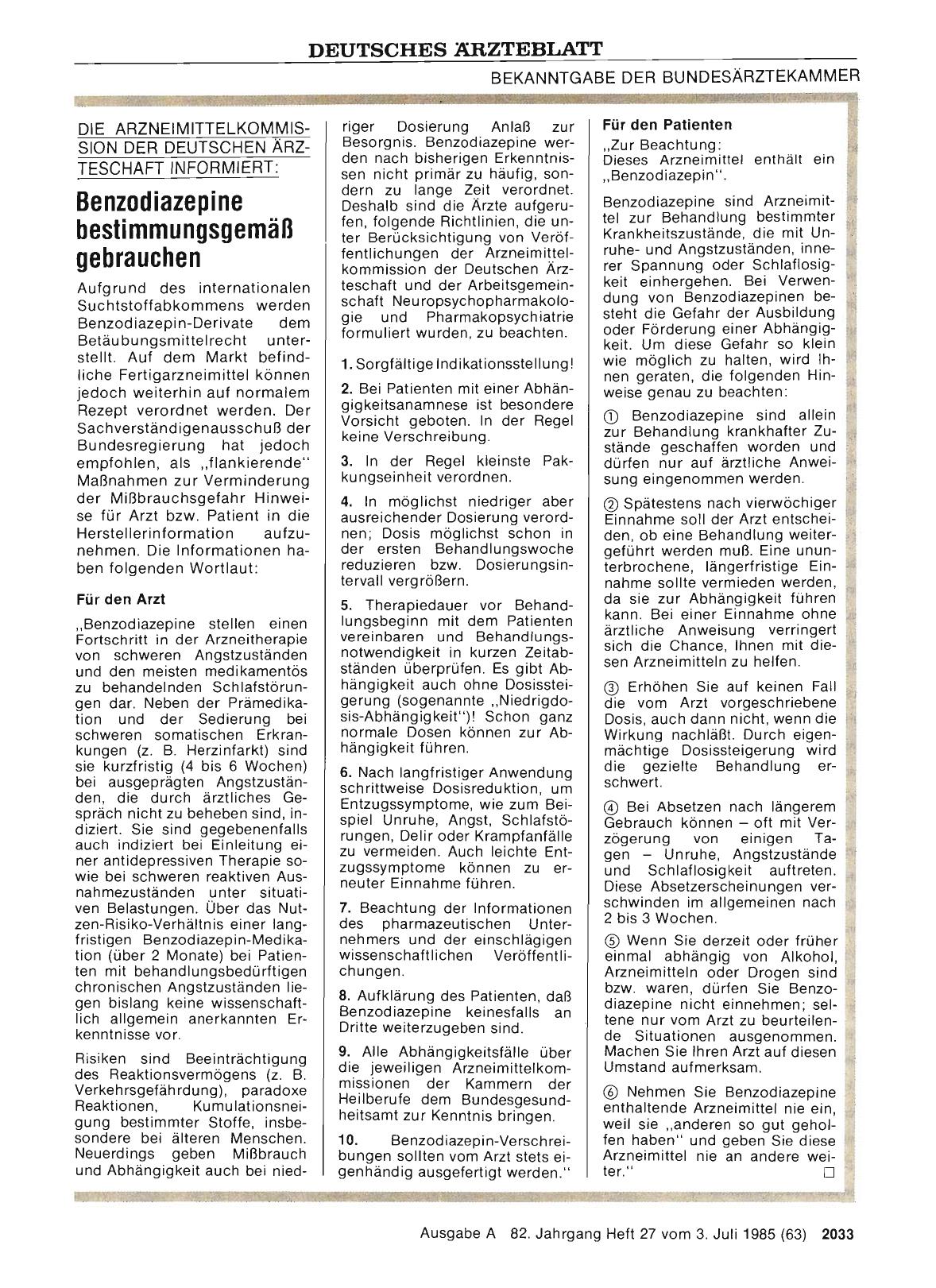 Vorschauseite 1: DIE ARZNEIMITTELKOMMISSION DER DEUTSCHEN ÄRZTESCHAFT INFORMIERT: Benzodiazepine bestimmungsgemäß gebrauchen
