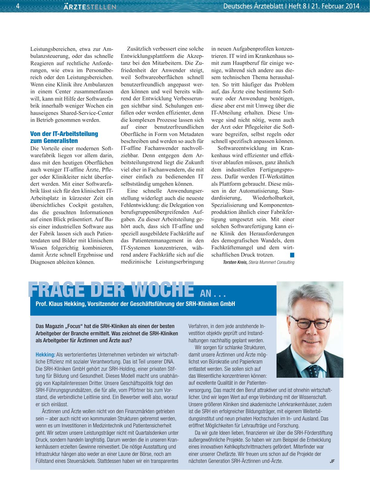 Vorschauseite 1: Frage der Woche an. .. Prof. Klaus Hekking, Vorsitzender der Geschäftsführung der SRH-Kliniken GmbH