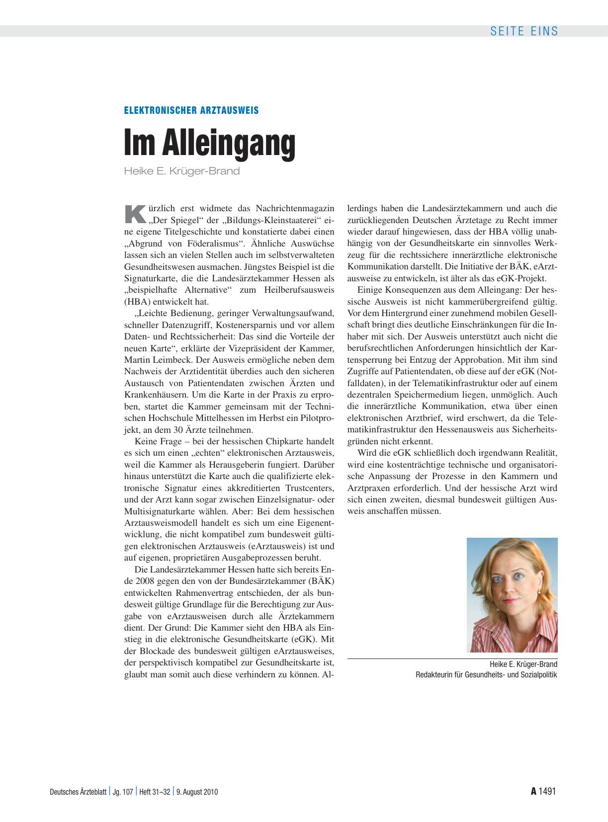 Vorschauseite 1: Elektronischer Arztausweis: Im Alleingang