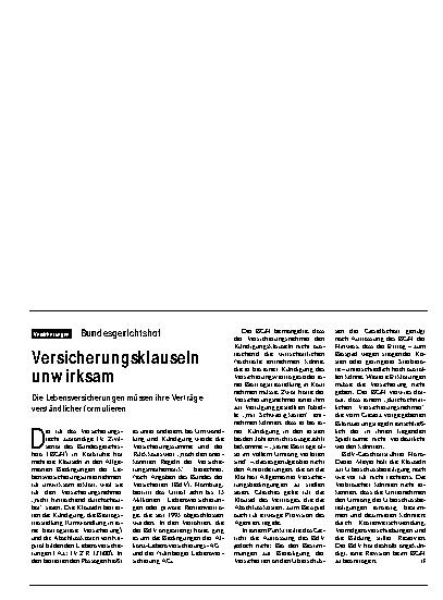 Vorschauseite 1: Bundesgerichtshof: Versicherungsklauseln unwirksam