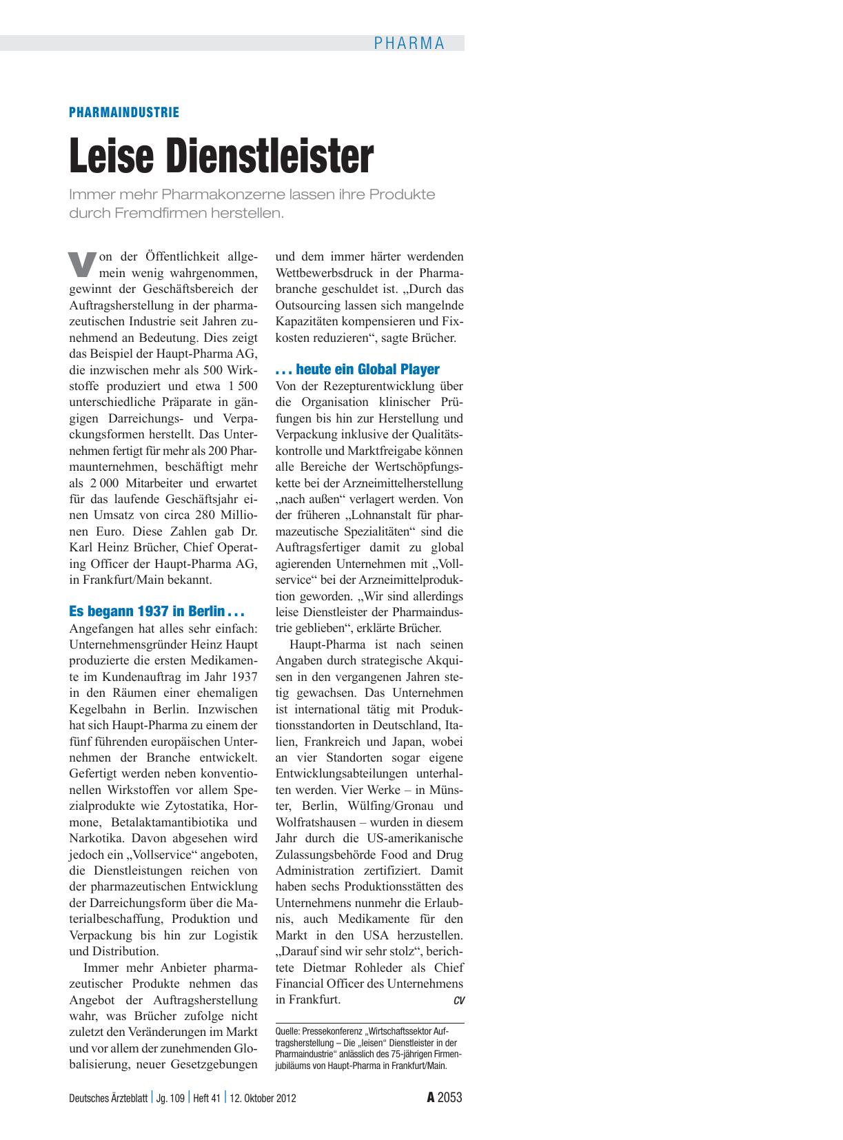 Vorschauseite 1: Pharmaindustrie: Leise Dienstleister