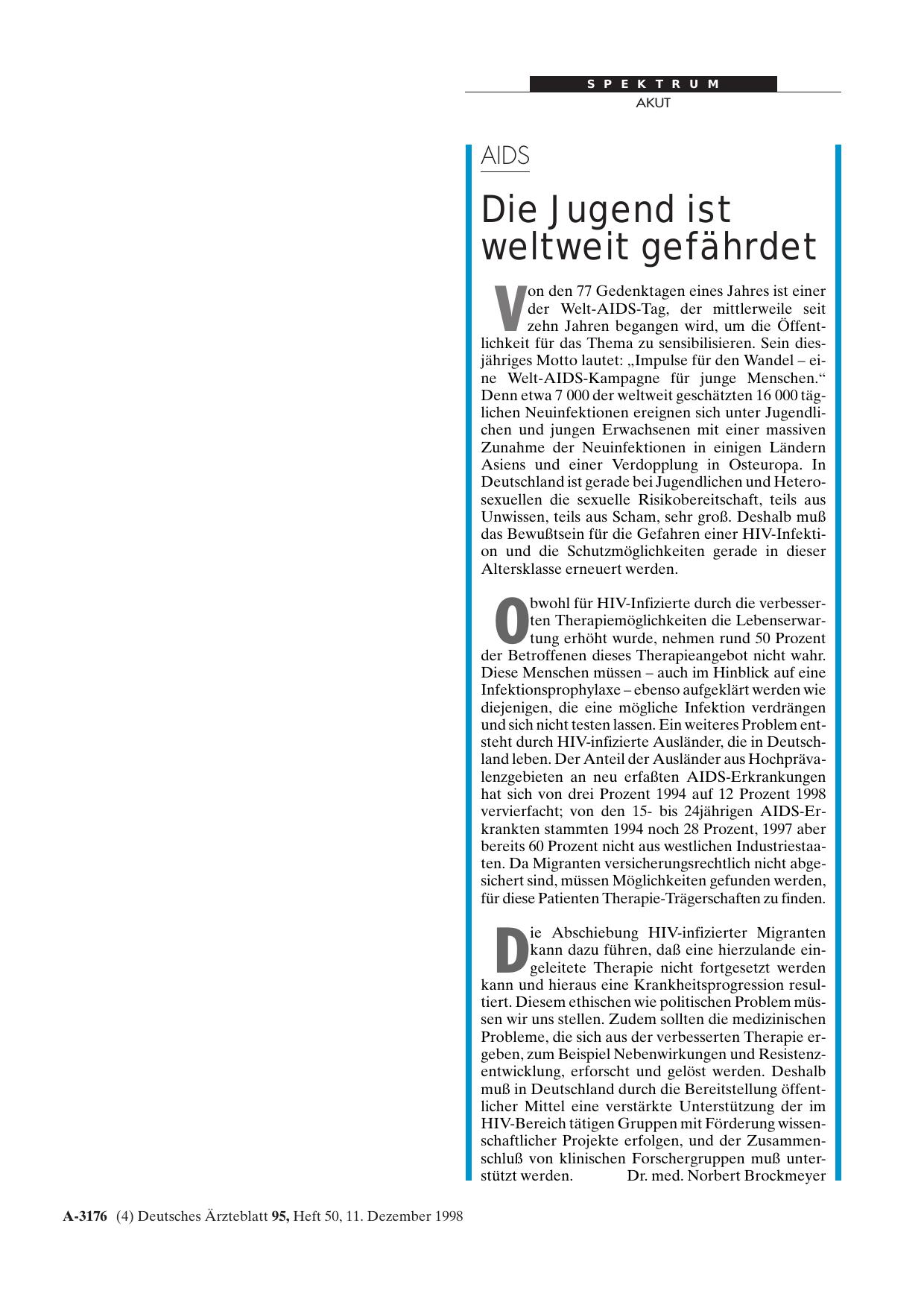 Vorschauseite 1: AIDS: Die Jugend ist weltweit gefährdet