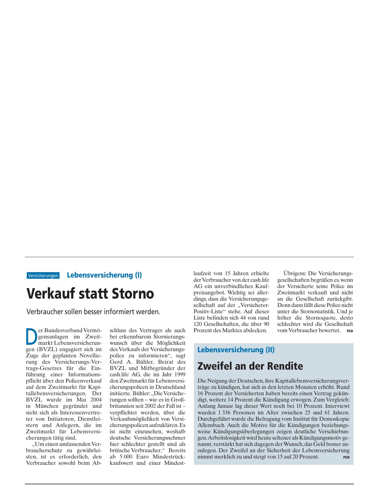 Vorschauseite 1: Lebensversicherung (II): Zweifel an der Rendite
