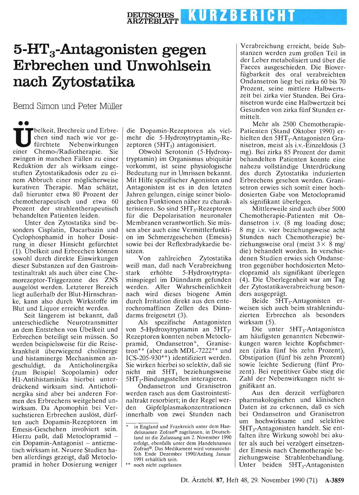 Vorschauseite 1: 5-HT3-Antagonisten gegen Erbrechen und Unwohlsein nach Zytostatika