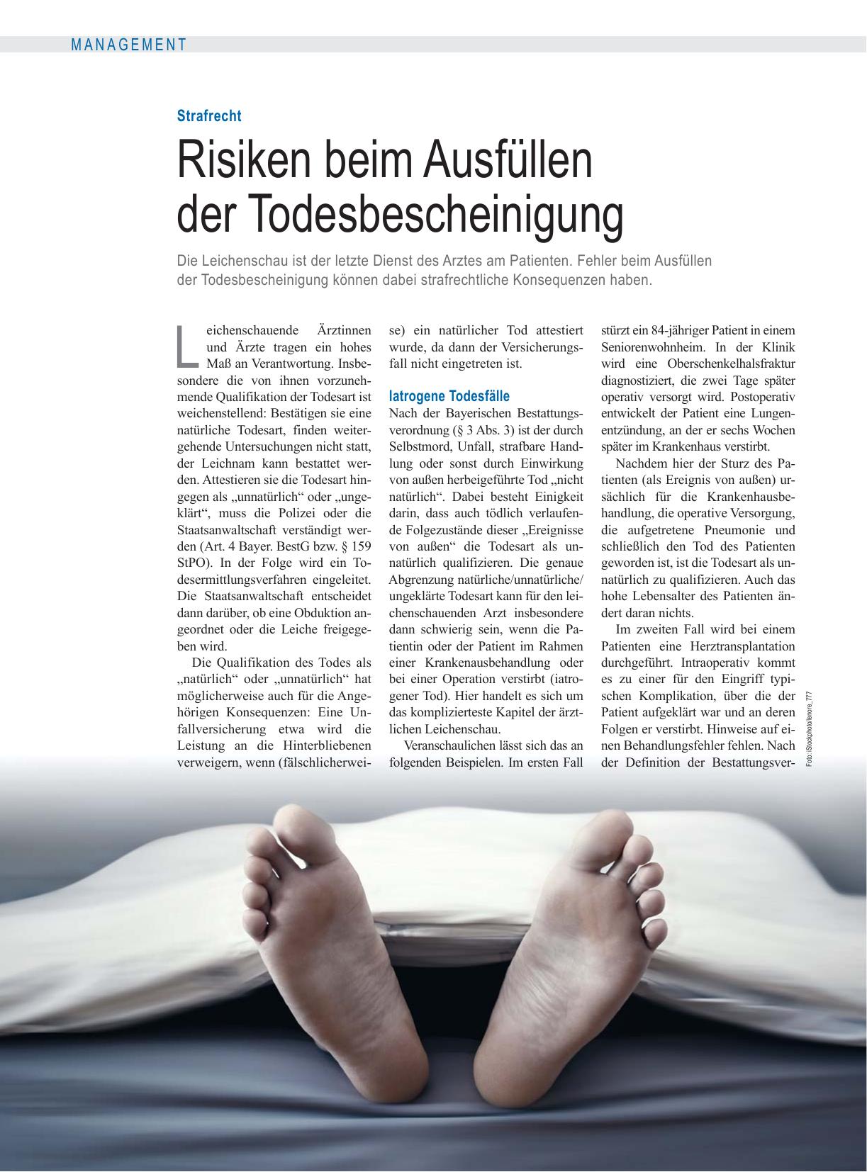 Vorschauseite 1: Strafrecht: Risiken beim Ausfüllen der Todesbescheinigung