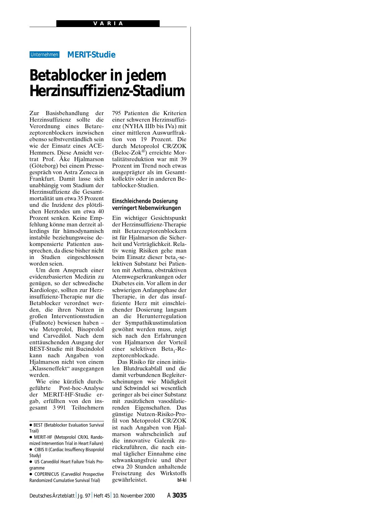 Vorschauseite 1: MERIT-Studie: Betablocker in jedem Herzinsuffizienz-Stadium