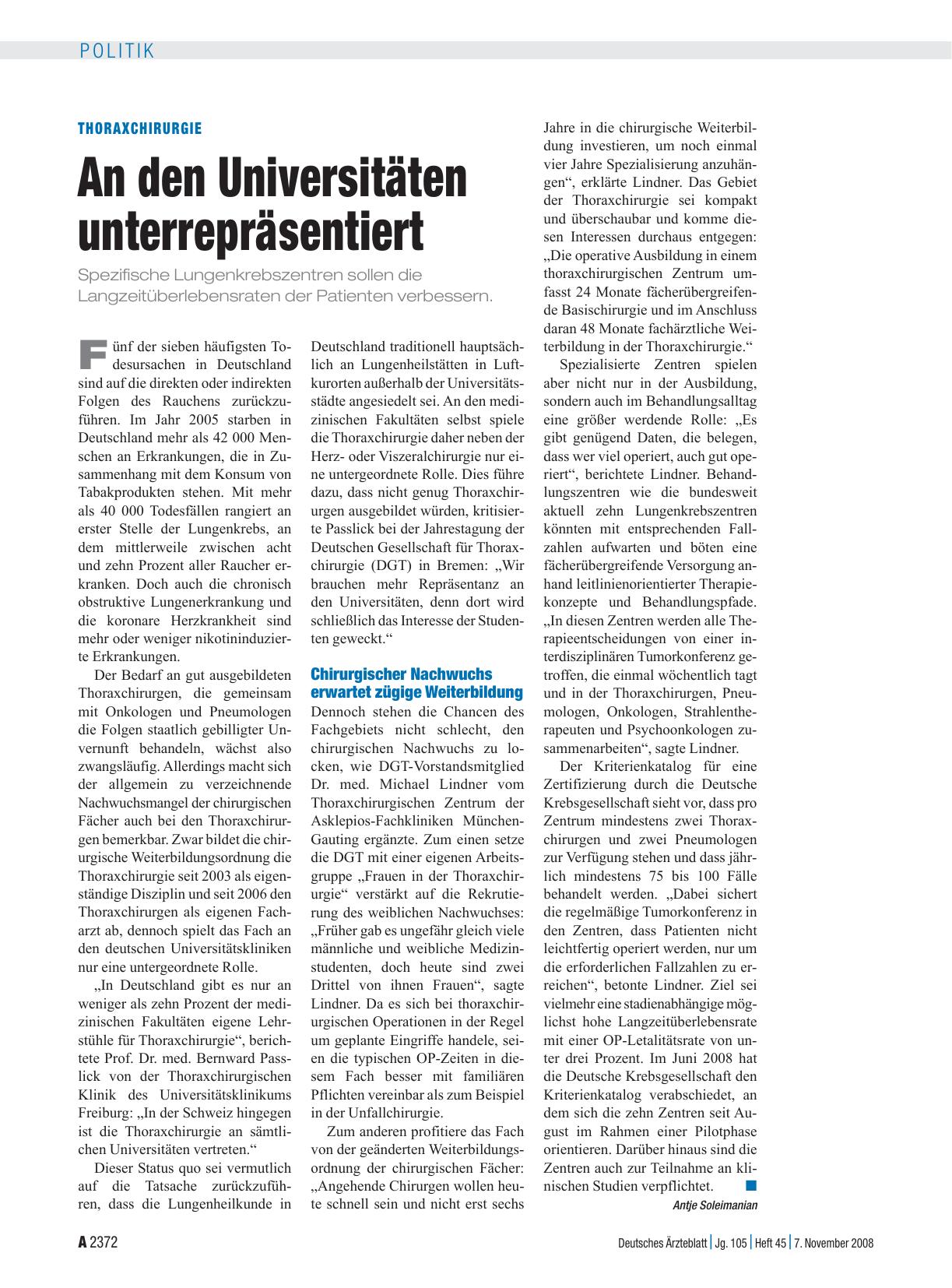 Vorschauseite 1: Thoraxchirurgie: An den Universitäten unterrepräsentiert