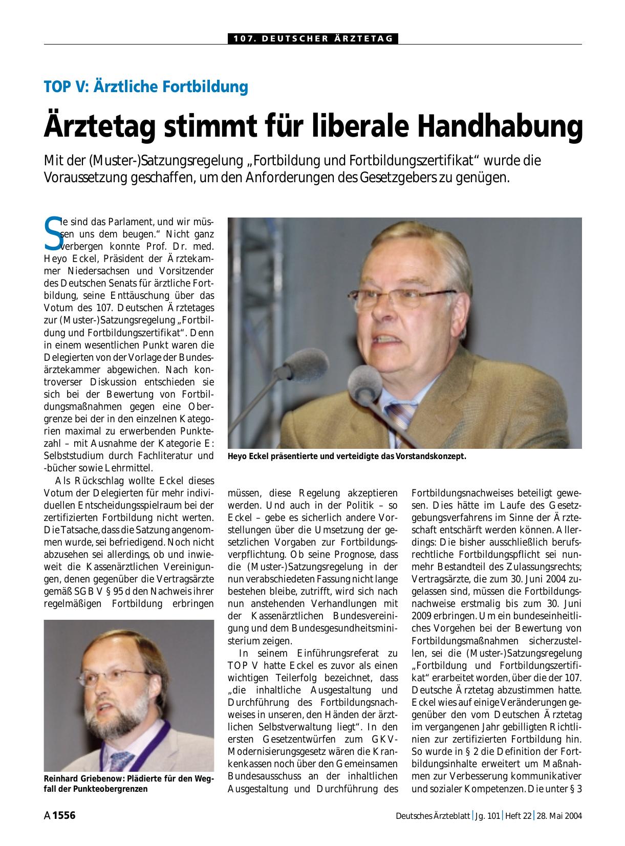 Vorschauseite 1: TOP V: Ärztliche Fortbildung – Ärztetag stimmt für liberale Handhabung