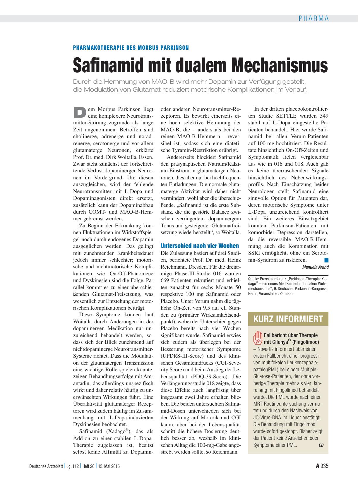 Vorschauseite 1: Pharmakotherapie des Morbus Parkinson: Safinamid mit dualem Mechanismus