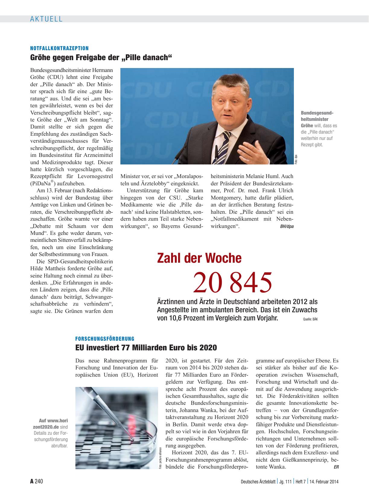 Vorschauseite 1: Notfallkontrazeption: Gröhe gegen Freigabe der „Pille danach“
