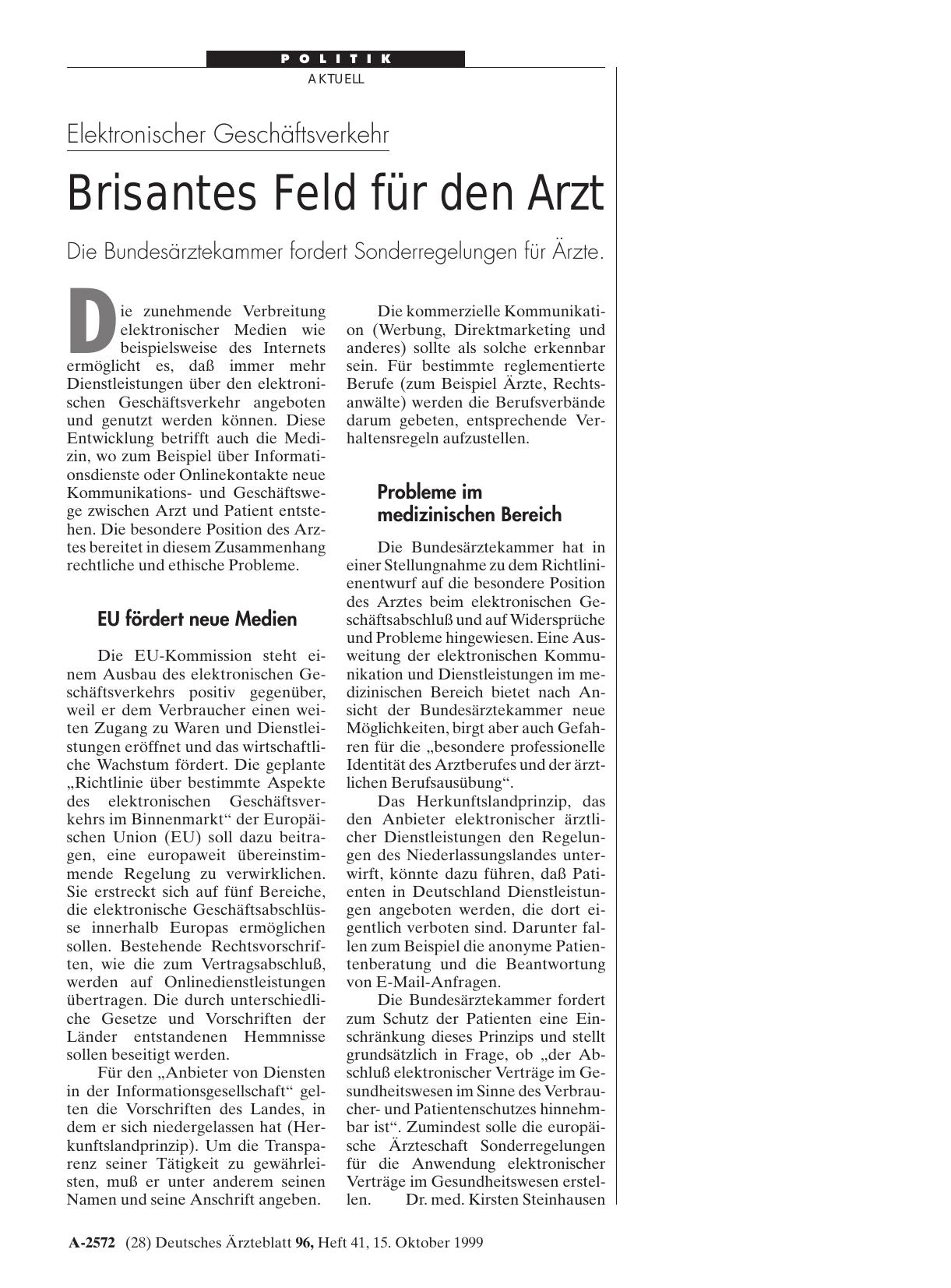 Vorschauseite 1: Elektronischer Geschäftsverkehr: Brisantes Feld für den Arzt