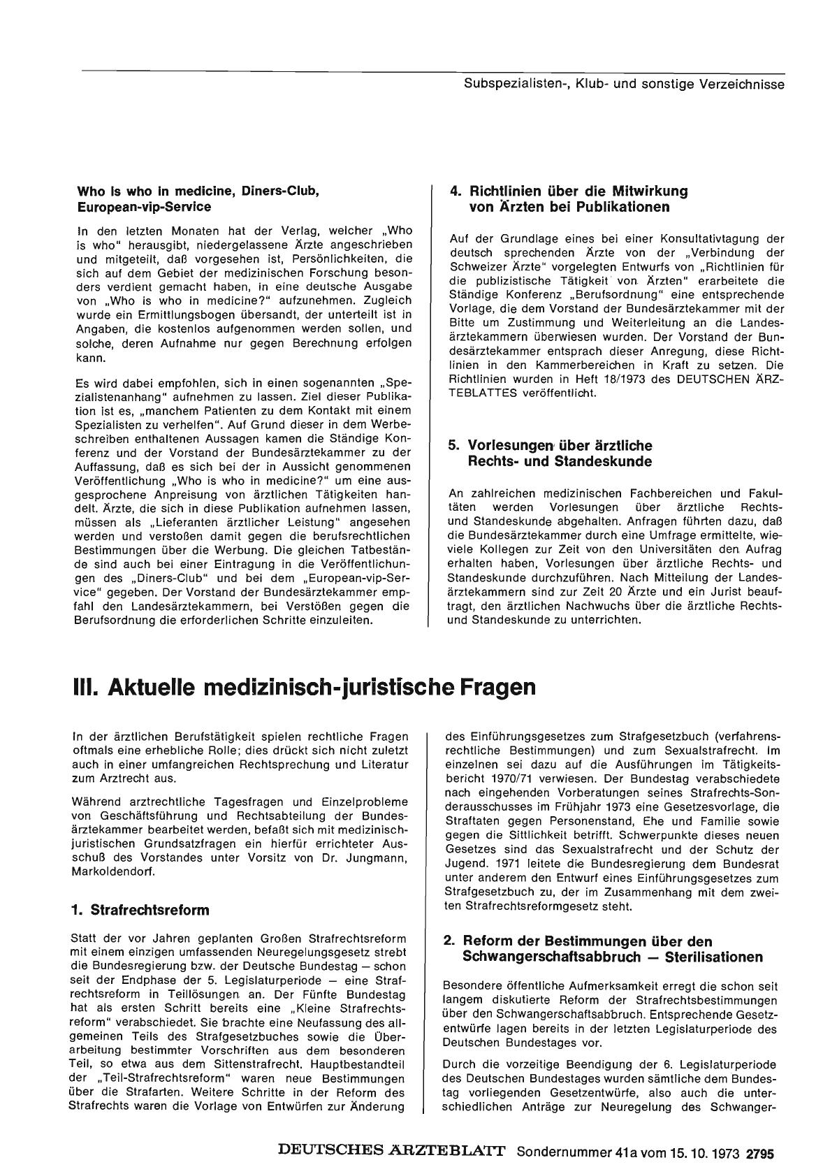 Vorschauseite 1: Bericht über das Jahr 1972/73: E. Der Arzt im Beruf: III. Aktuelle medizinisch-juristische Fragen