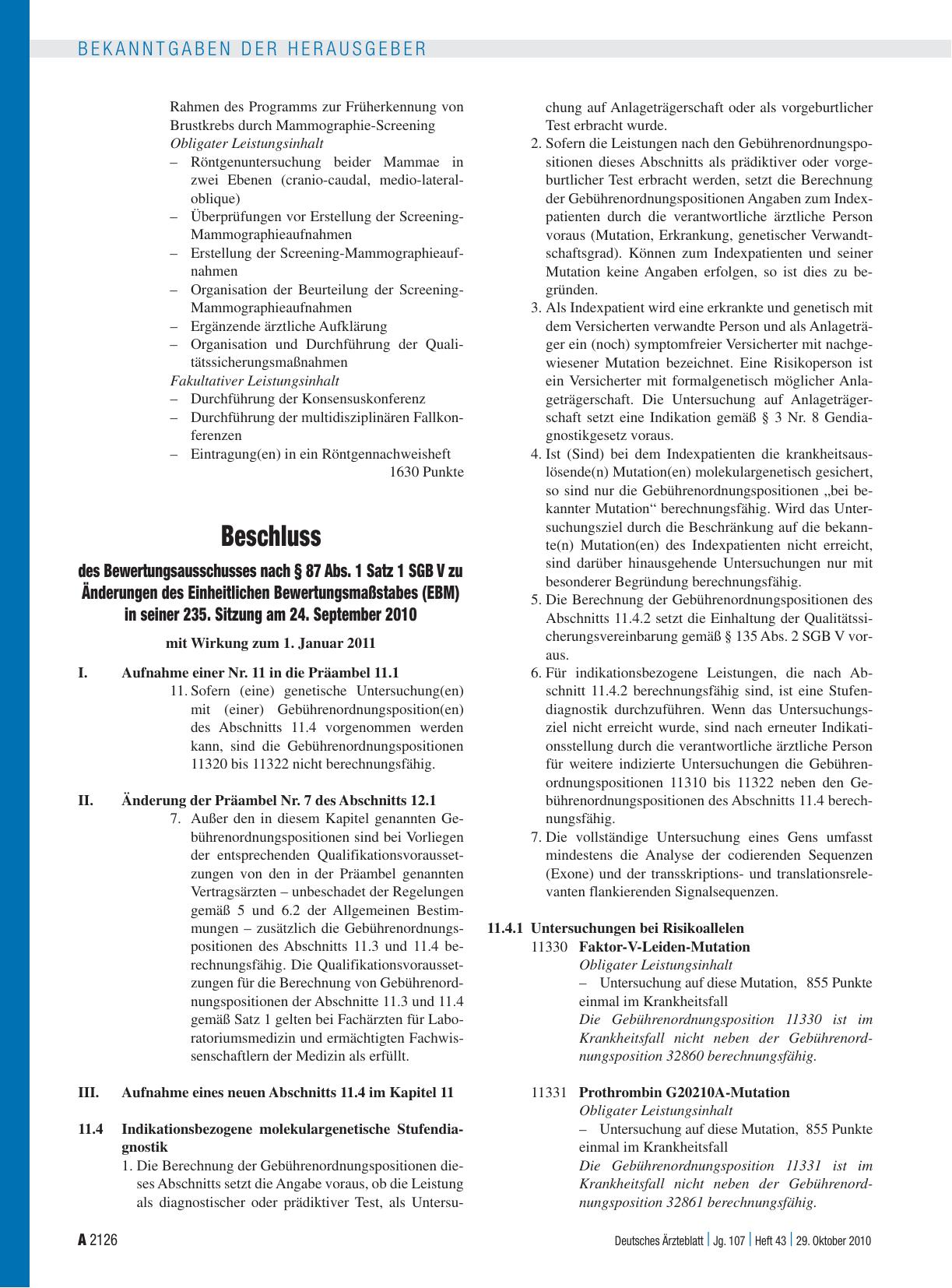 Vorschauseite 1: Beschluss des Bewertungsausschusses nach § 87 Abs. 1 Satz 1 SGB V zu Änderungen des Einheitlichen Bewertungsmaßstabes (EBM) in seiner 235. Sitzung am 24. September 2010