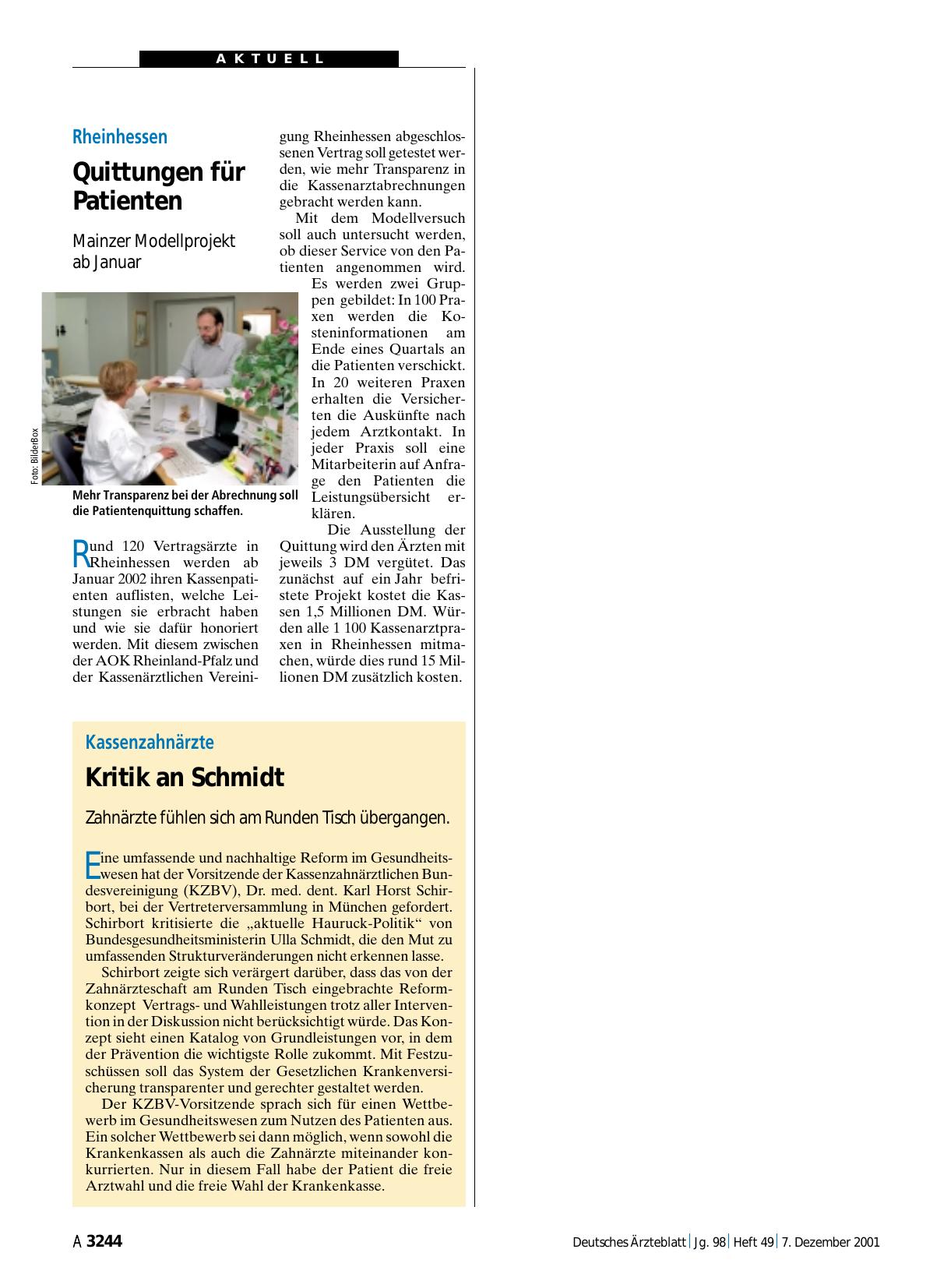 Vorschauseite 1: Kassenzahnärzte: Kritik an Schmidt