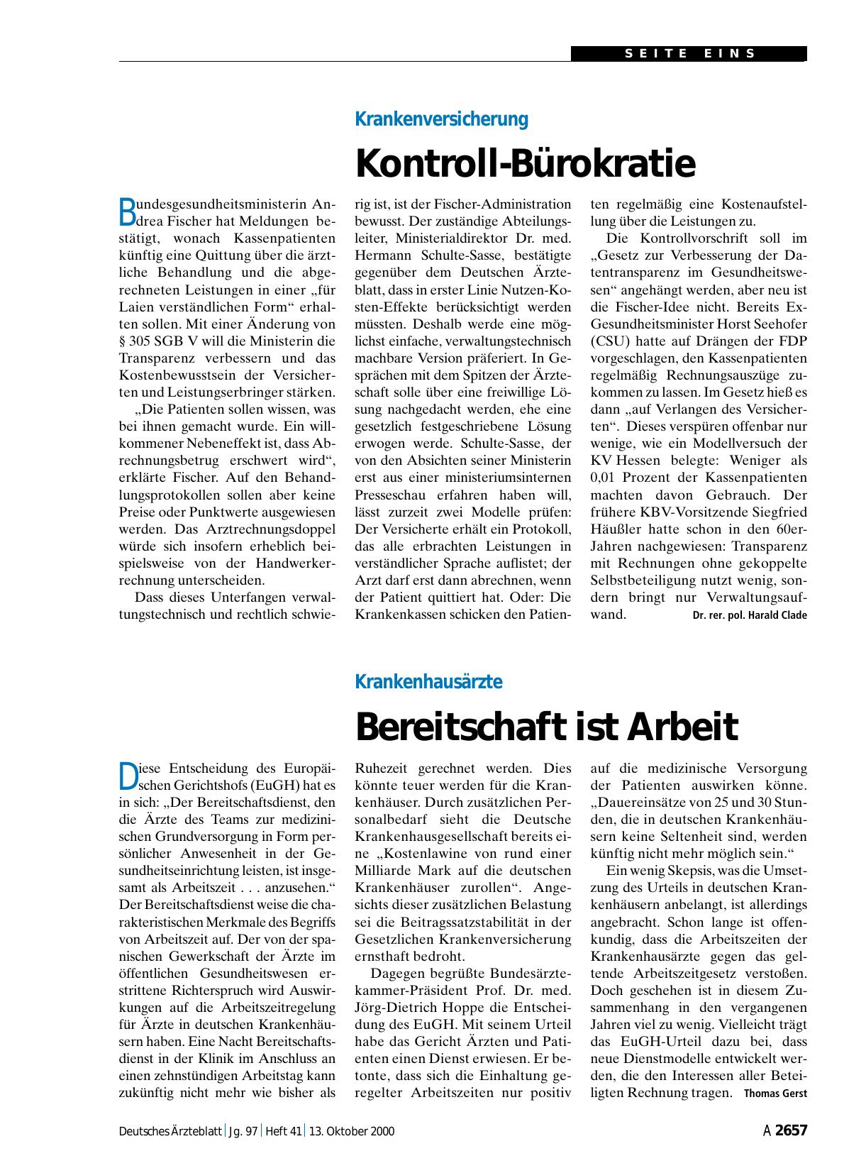 Vorschauseite 1: Krankenhausärzte: Bereitschaft ist Arbeit