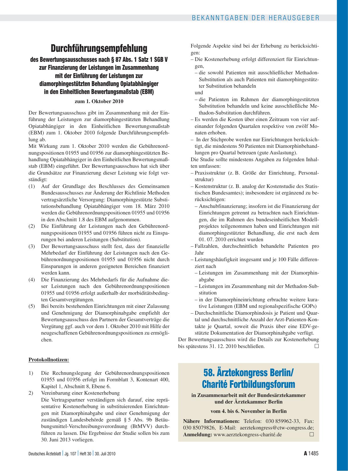 Vorschauseite 1: Durchführungsempfehlung des Bewertungsausschusses nach § 87 Abs. 1 Satz 1 SGB V zur Finanzierung der Leistungen im Zusammenhang mit der Einführung der Leistungen zur diamorphinges…