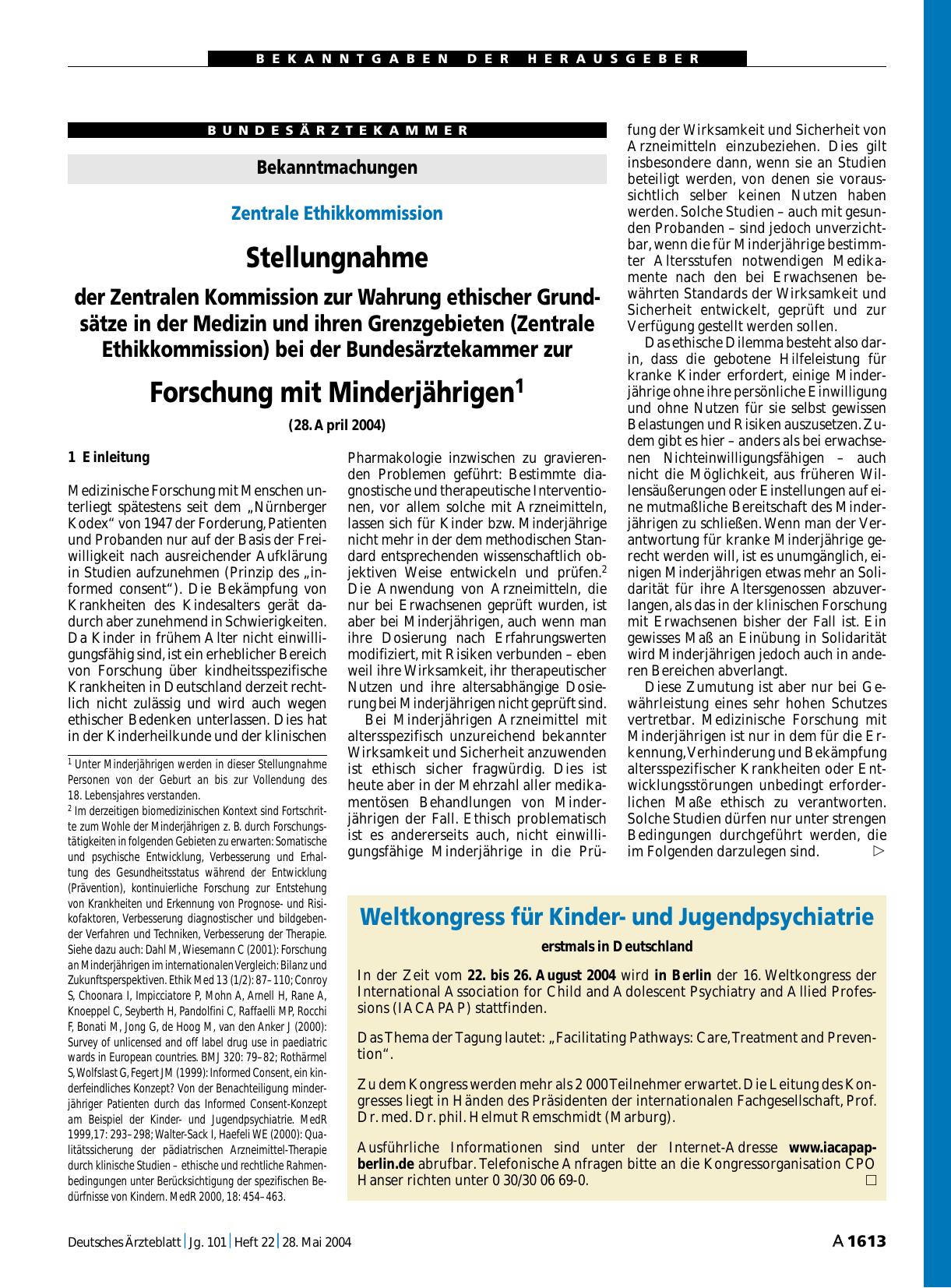 Vorschauseite 1: Stellungnahme der Zentralen Kommission zur Wahrung ethischer Grundsätze in der Medizin und ihren Grenzgebieten (Zentrale Ethikkommission) bei der Bundesärztekammer zur Forschung m…