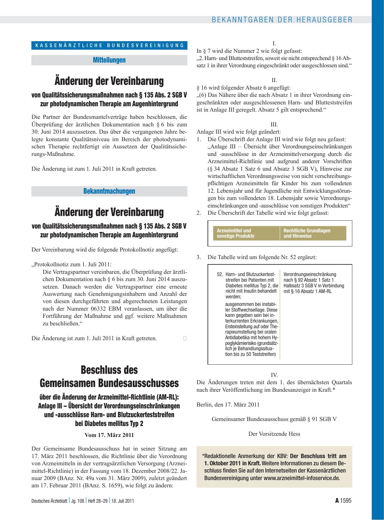 Vorschauseite 1: Änderung der Vereinbarung von Qualitätssicherungsmaßnahmen nach § 135 Abs. 2 SGB V zur photodynamischen Therapie am Augenhintergrund