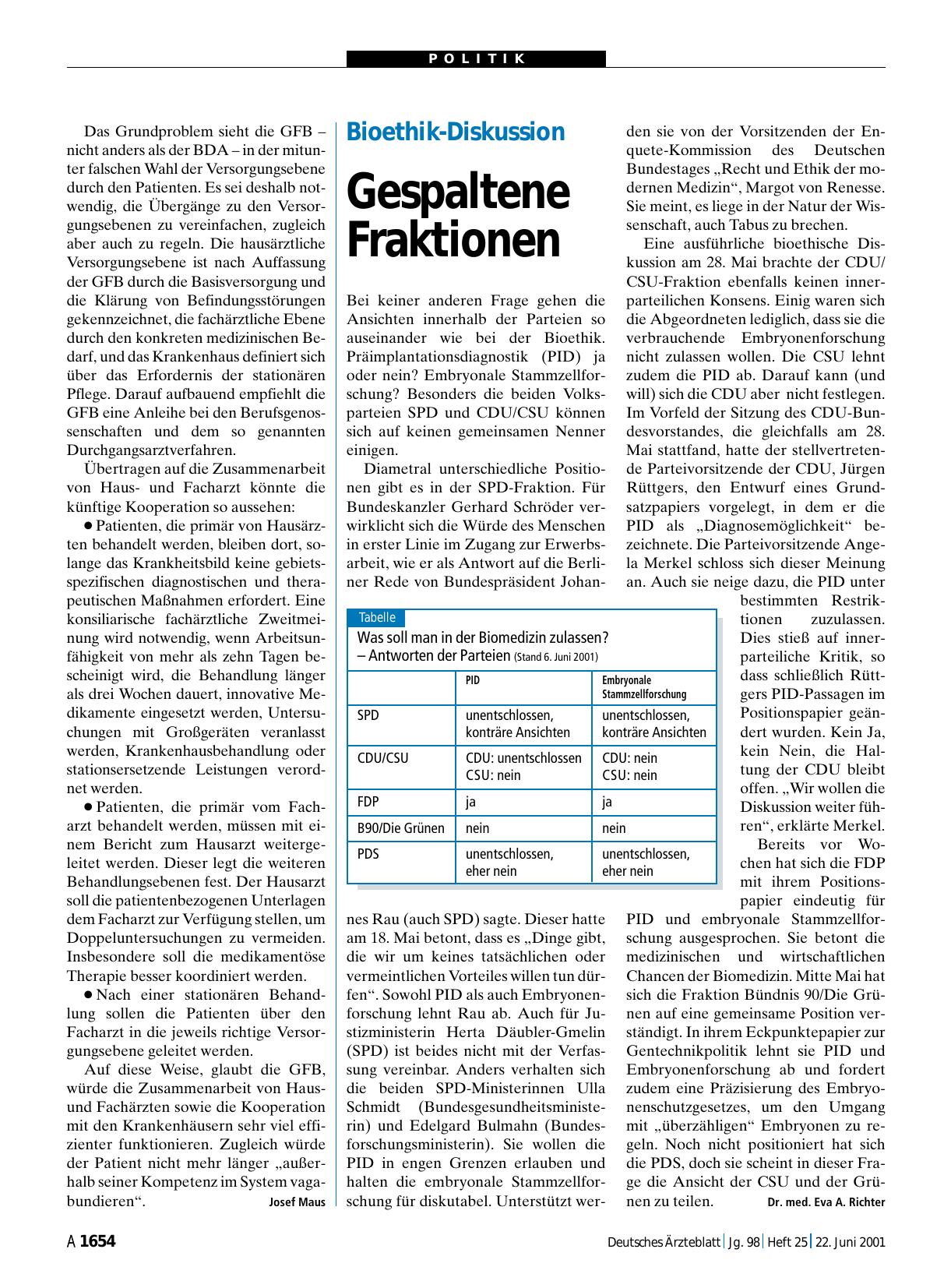 Vorschauseite 1: Bioethik-Diskussion: Gespaltene Fraktionen