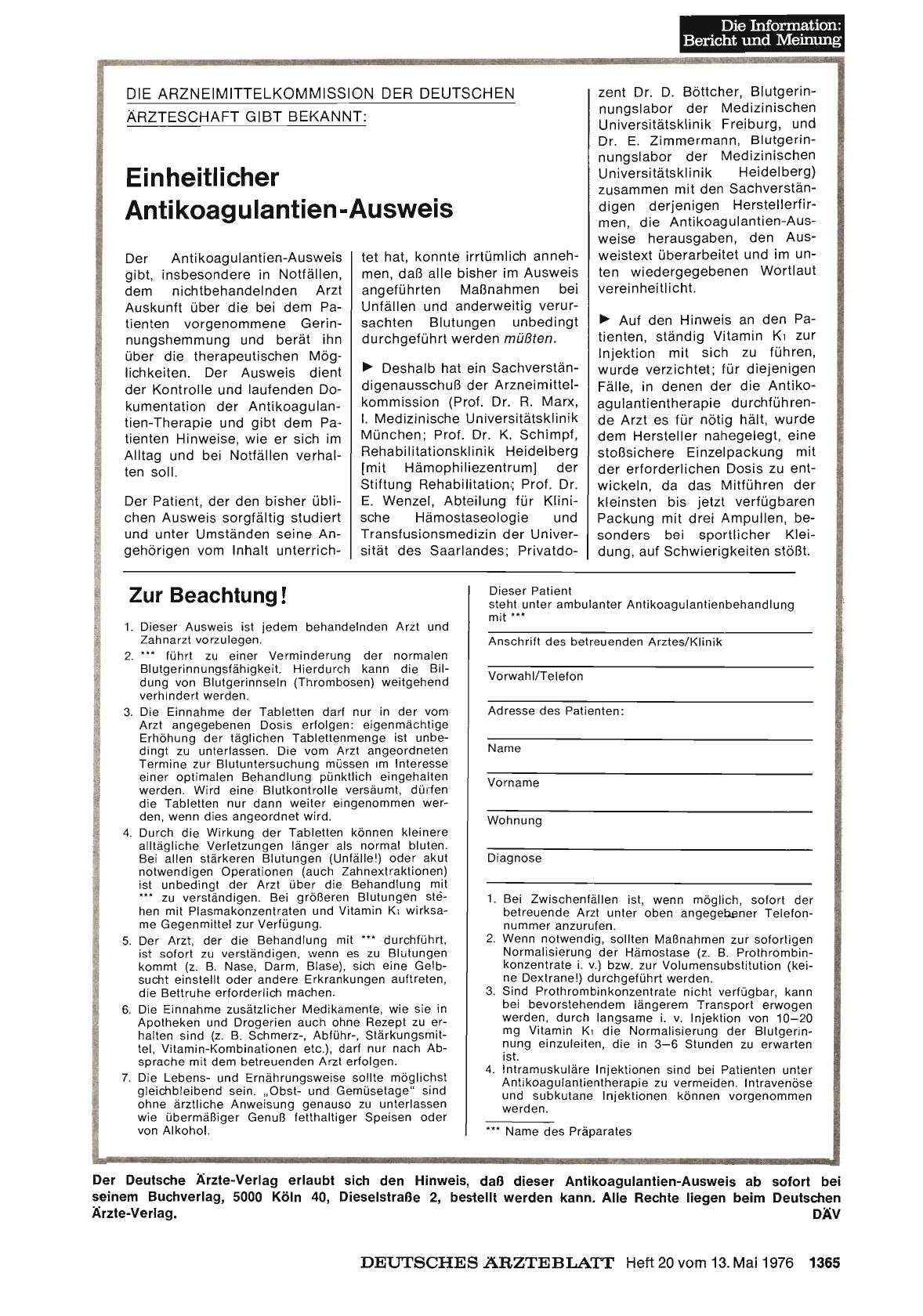 Vorschauseite 1: Einheitlicher Antikoagulantien-Ausweis