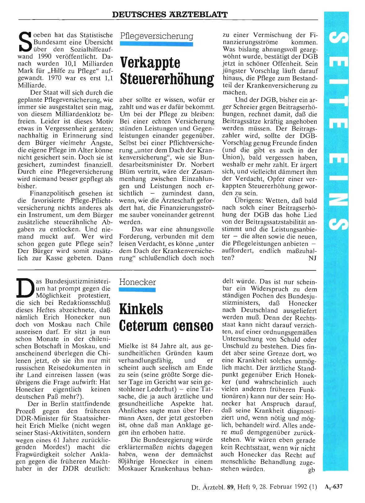 Vorschauseite 1: Honecker: Kinkels Ceterum censeo