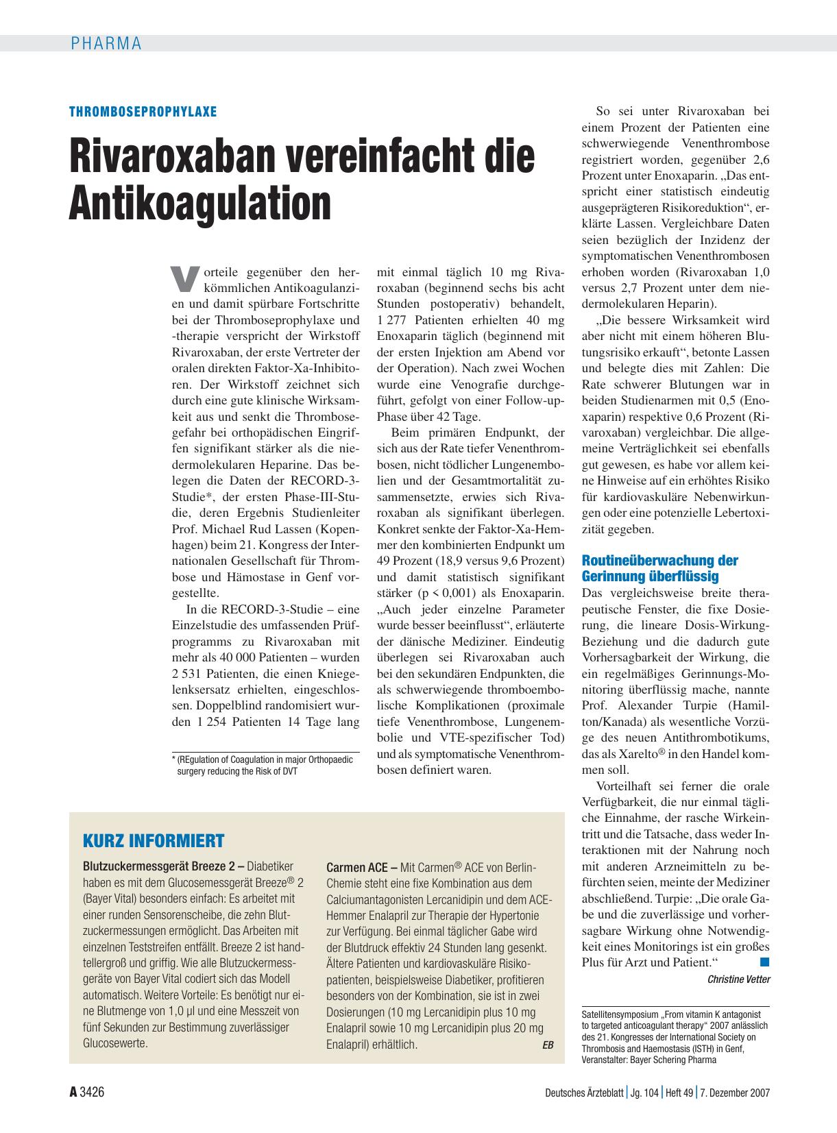 Vorschauseite 1: Thromboseprophylaxe: Rivaroxaban vereinfacht die Antikoagulation