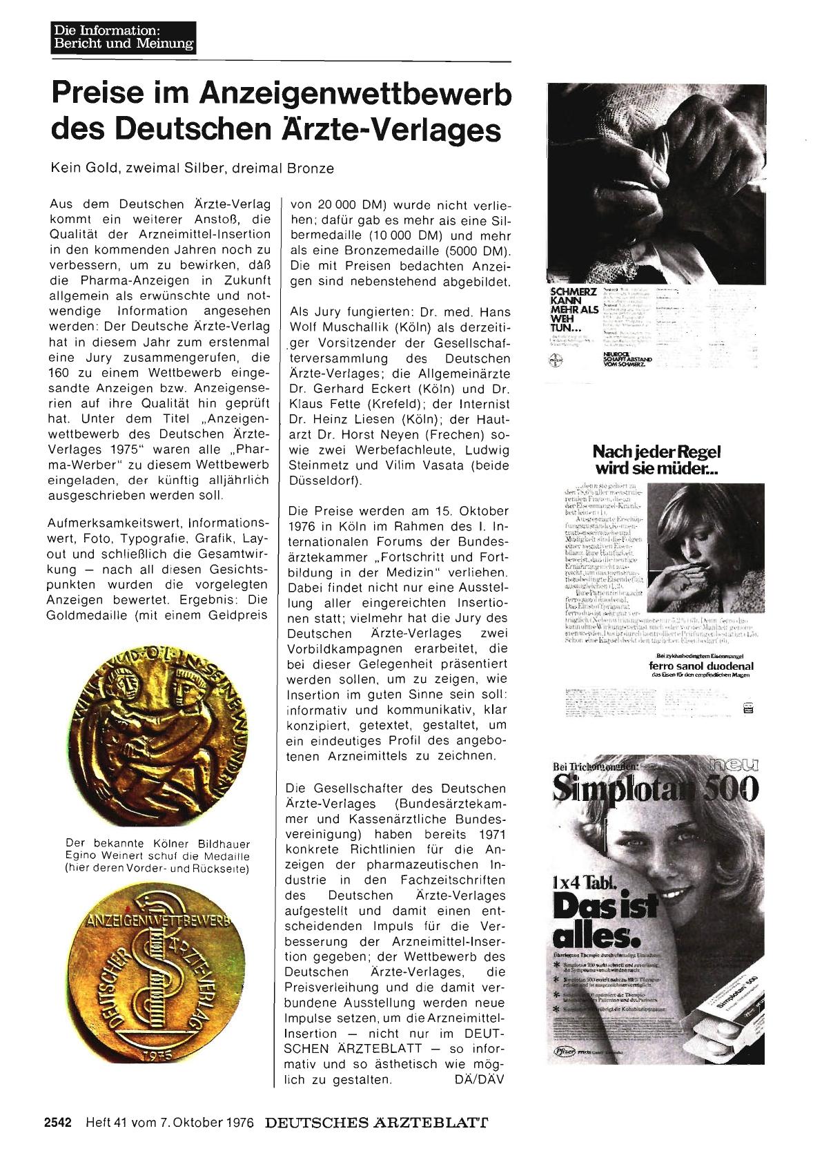 Vorschauseite 1: Preise im Anzeigenwettbewerb des Deutschen Ärzte-Verlages: Kein Gold, zweimal Silber, dreimal Bronze