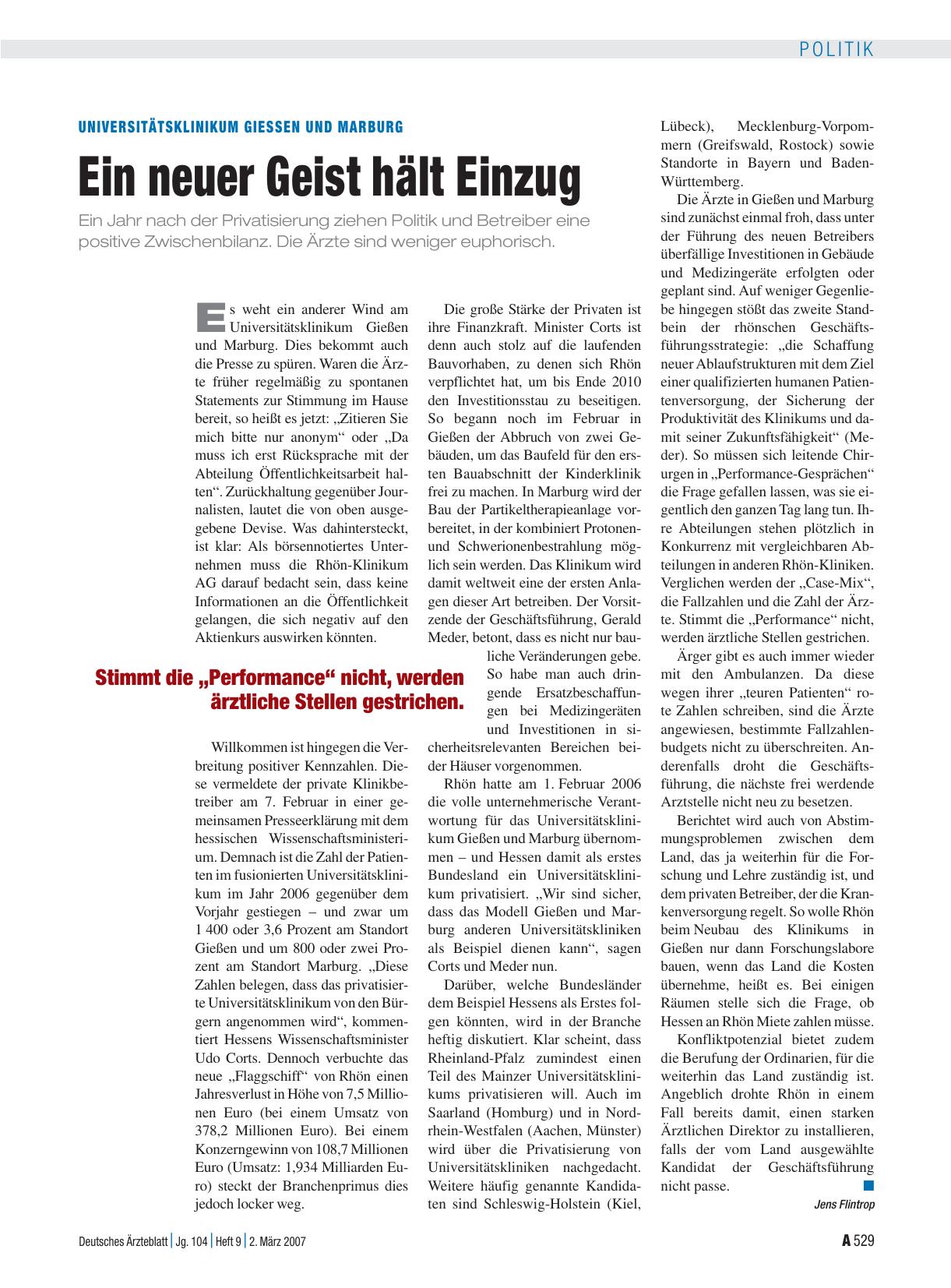 Vorschauseite 1: Universitätsklinikum Giessen und Marburg: Ein neuer Geist hält Einzug