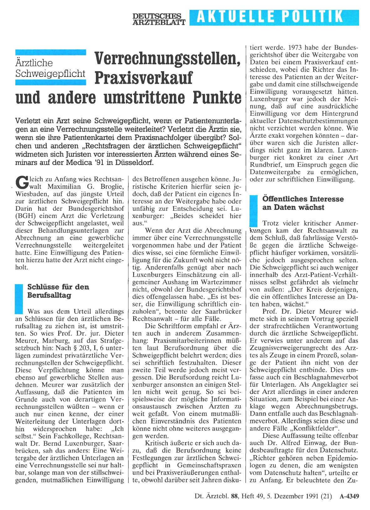 Vorschauseite 1: Ärztliche Schweigepflicht: Verrechnungsstellen, Praxisverkauf und andere umstrittene Punkte