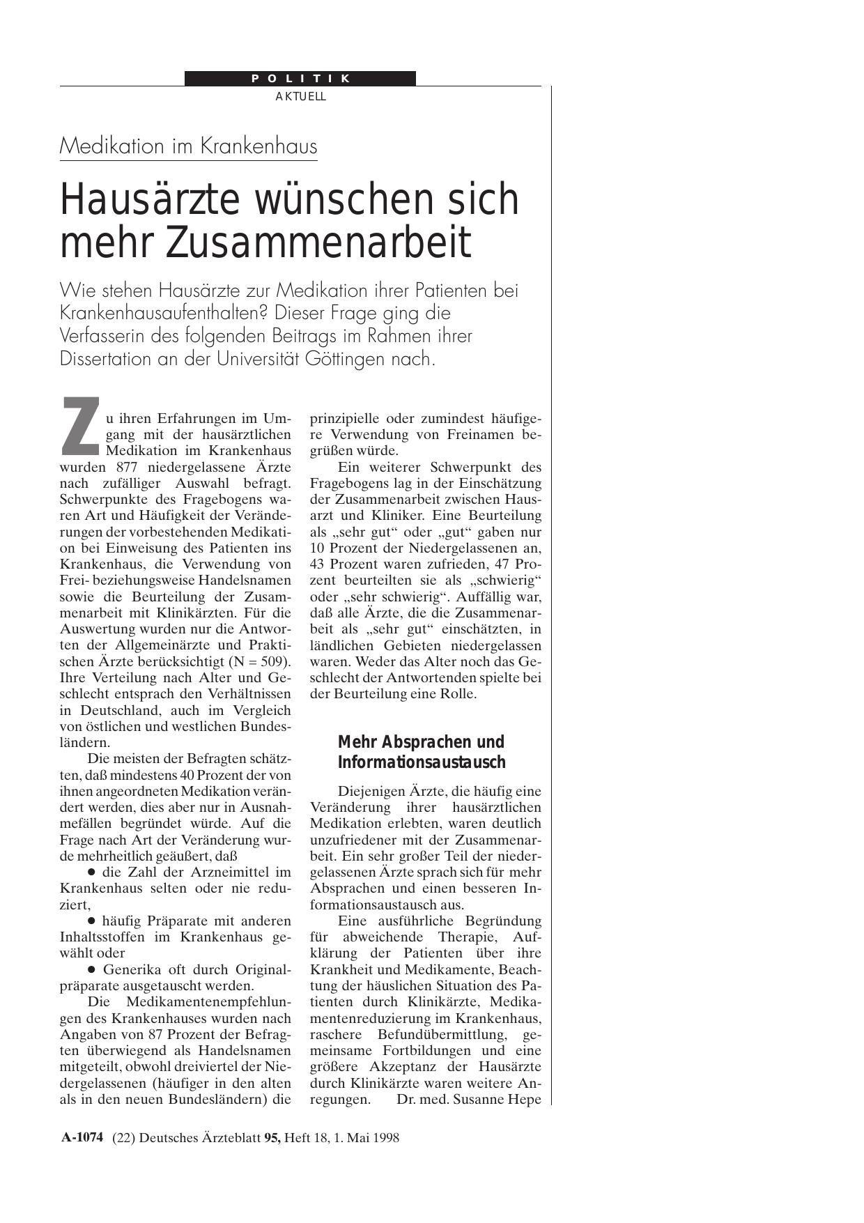 Vorschauseite 1: Medikation im Krankenhaus: Hausärzte wünschen sich mehr Zusammenarbeit