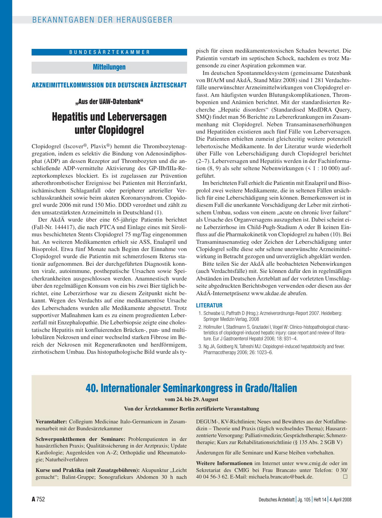 Vorschauseite 1: Mitteilungen - Arzneimittelkommission der deutschen Ärzteschaft: „Aus der UAW-Datenbank“ Hepatitis und Leberversagen unter Clopidogrel