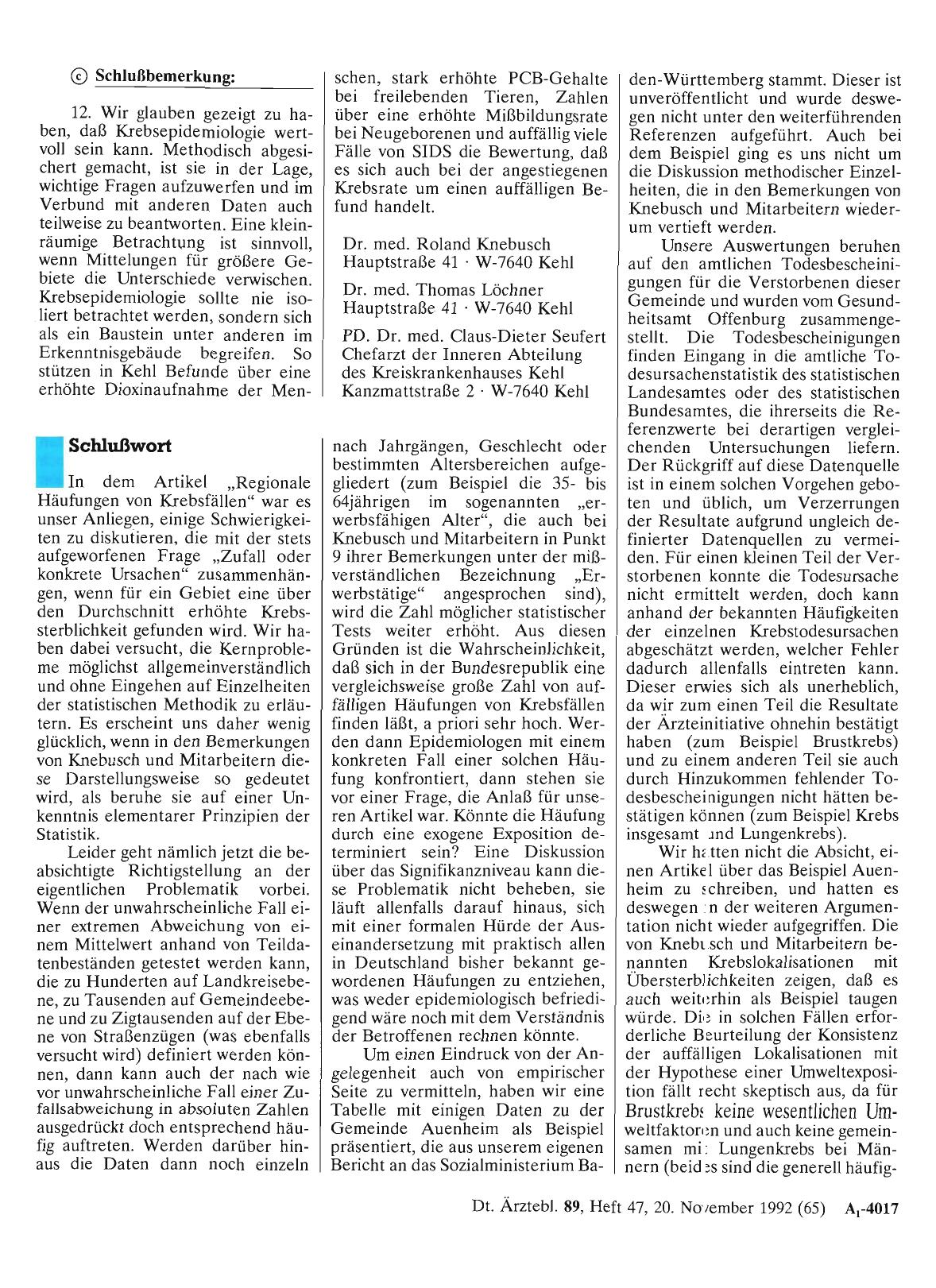 Vorschauseite 1: Regionale Häufungen von Krebsfällen: Schlußwort