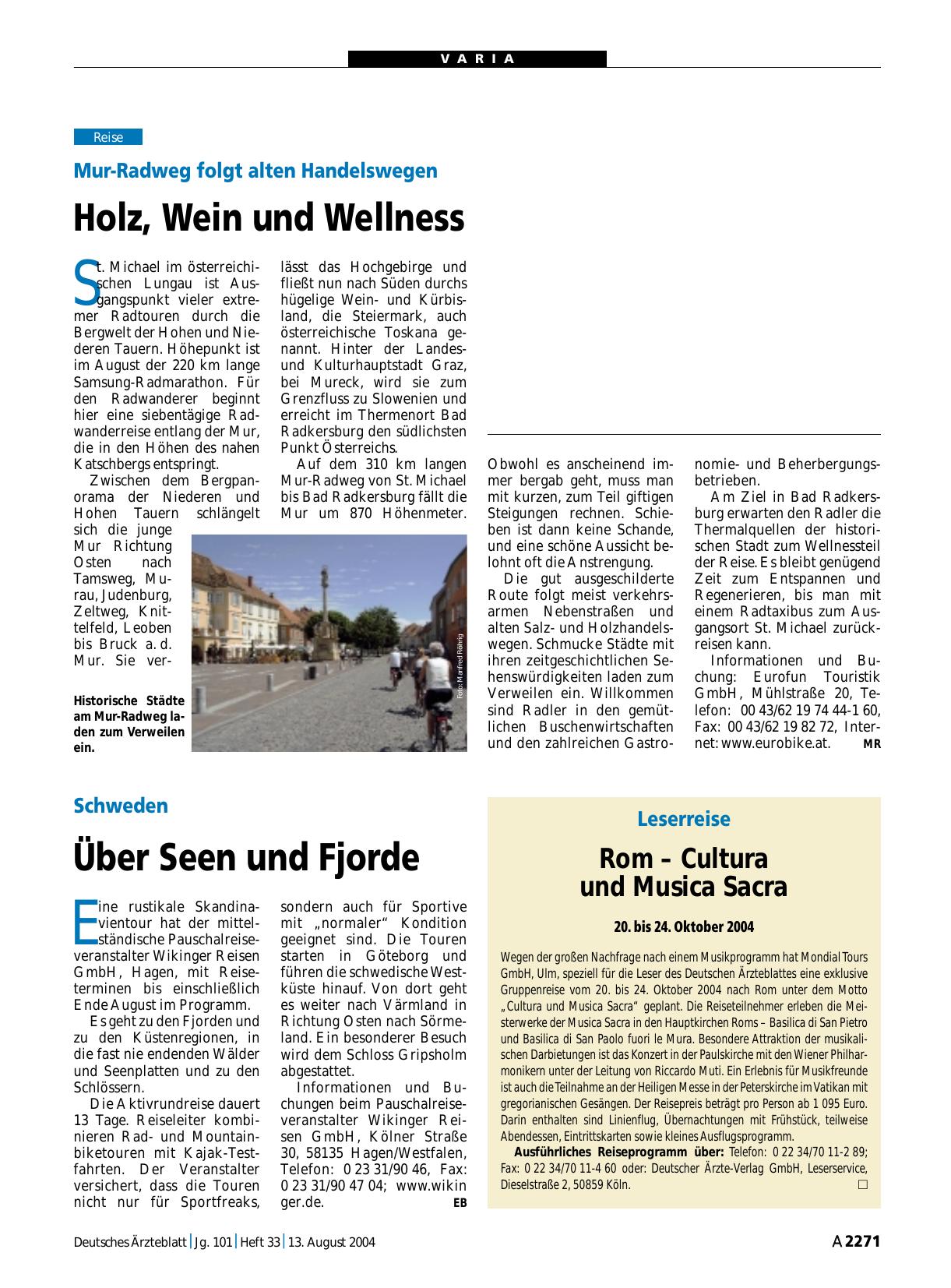 Vorschauseite 1: Leserreise: Rom – Cultura und Musica Sacra 20. bis 24. Oktober 2004